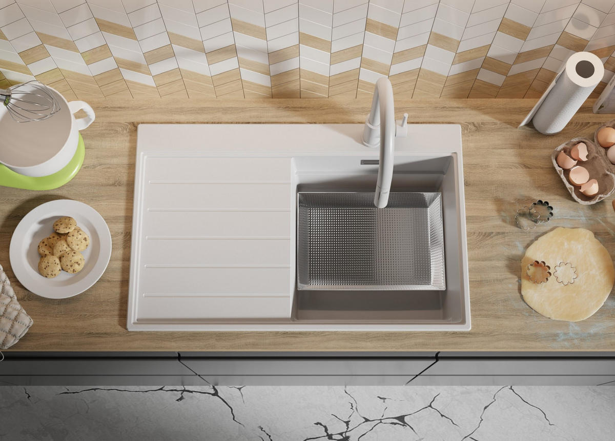 SPÜLBECKEN Sydney, 2-er set Weiß 78/50 cm 1 Becken + Ablauf-Set + Küchenzubehörset ab 45er Unterschrank - Chromfarben/Beige, Kunststoff (78/20/50cm) - Primagran