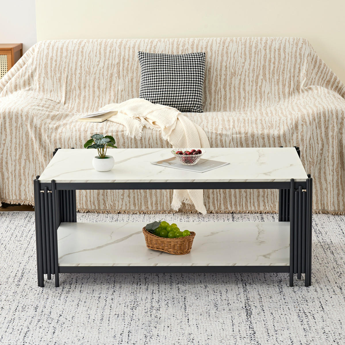 COUCHTISCH 64/114/46 cm mit 2 Ablagen, Marmoroptik und Metallgestell, Weiß/Schwarz - Schwarz, Holzwerkstoff (114/64/46cm) - Redom