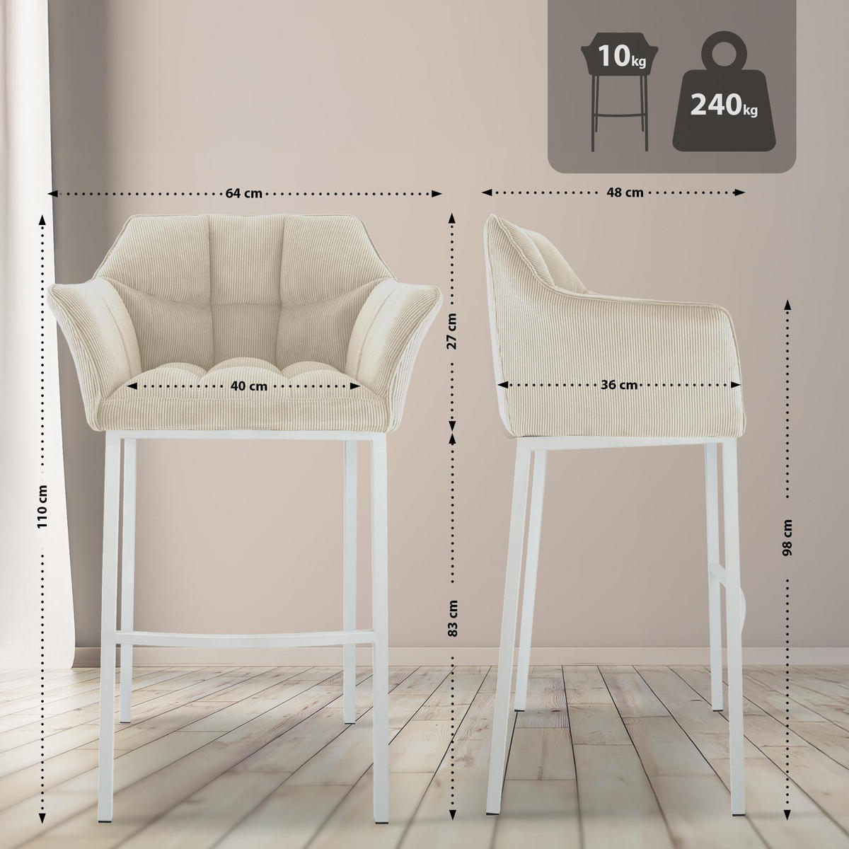 BARHOCKER Metall Creme - Creme/Weiß, Metall (64/110/48cm) - CLP