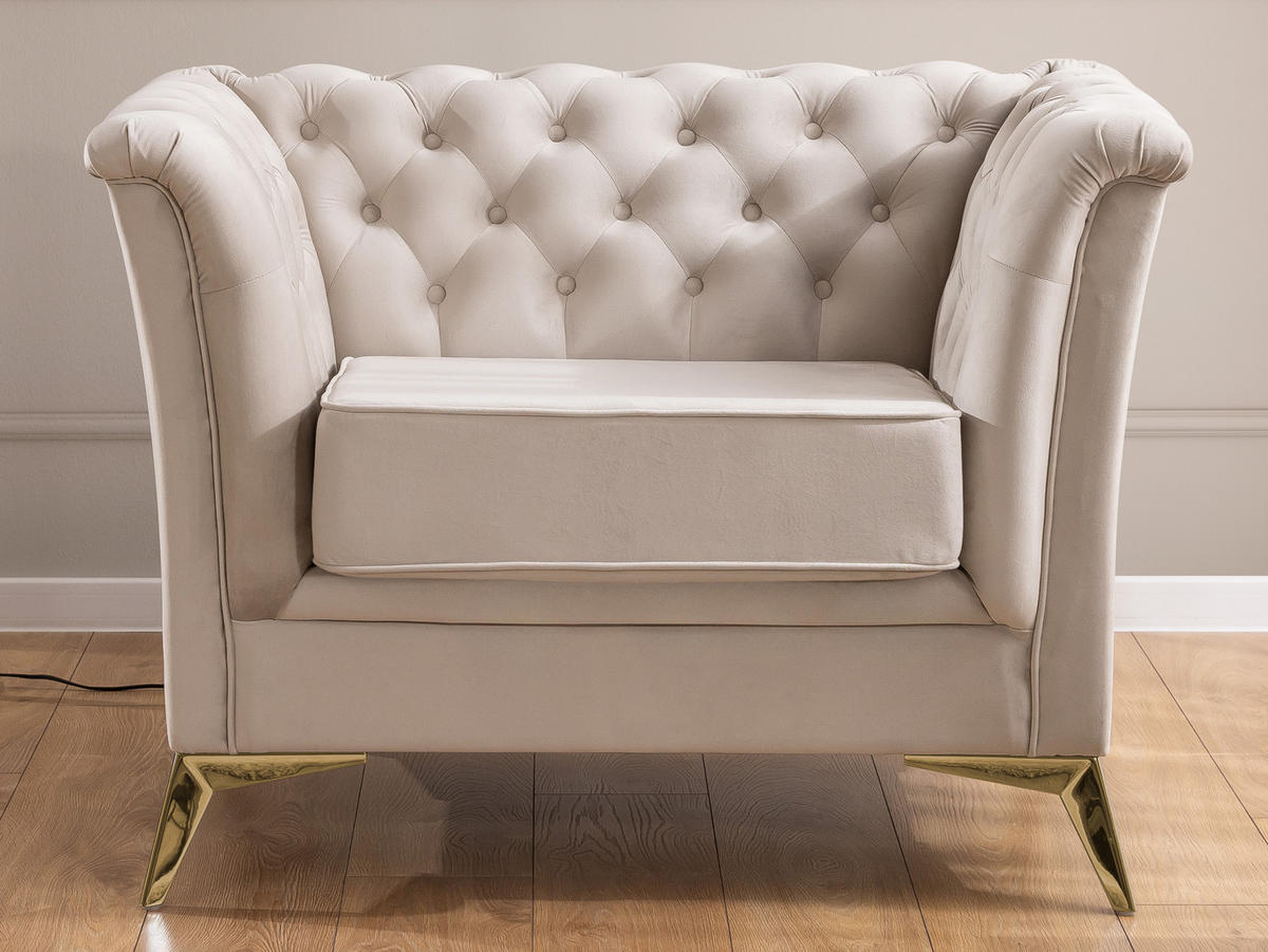 SITZGARNITUR 2+1 Chesterfield Whitby Beige Samt mit goldenen Füßen - Beige/Goldfarben, Holz/Textil (175/78/82cm) - S-Style Möbel