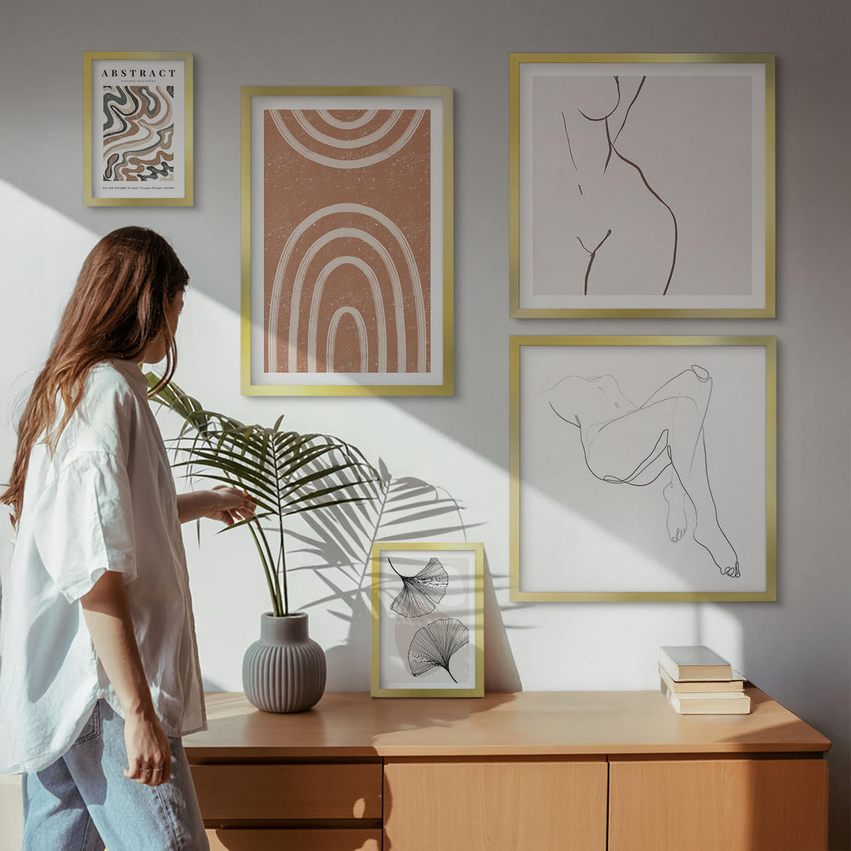 WANDBILDER 5er Set - 50x50 cm & 20x30 cm & 40x60 cm Goldrahmen - Abstrakte Boho-Blattformen - Goldfarben, Kunststoff (40/60cm) - ArtPrintCave