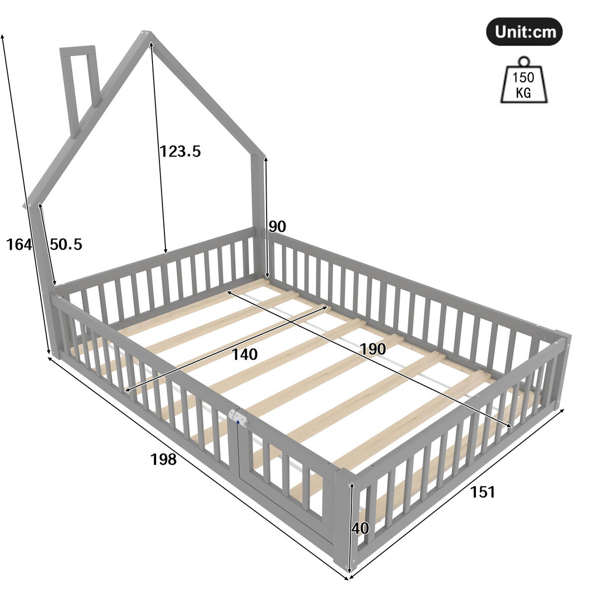 HAUSBETT 140x190cm Grau Kiefer Minimalistisch - Grau, Holz (140/190cm) - FLIEKS