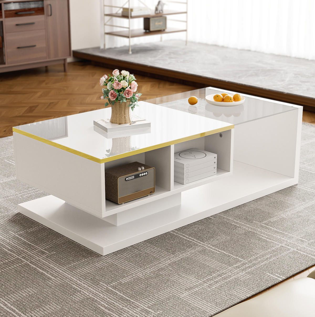 COUCHTISCH mit LED 100x50 cm Weiß mit Glasplatte - Weiß, Holzwerkstoff (100/50/32.5cm) - Meubliv