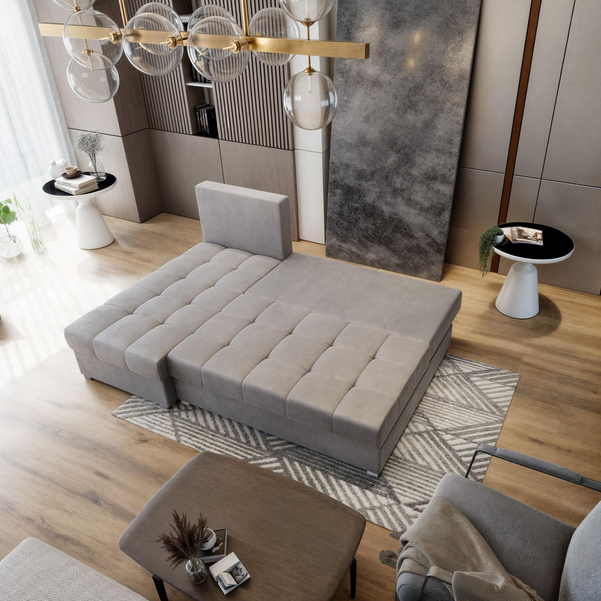 ECKSOFA RITA M Hellgrau Velours-Stoff mit Schlaffunktion - Hellgrau, Holz (200/141cm) - MASSENO