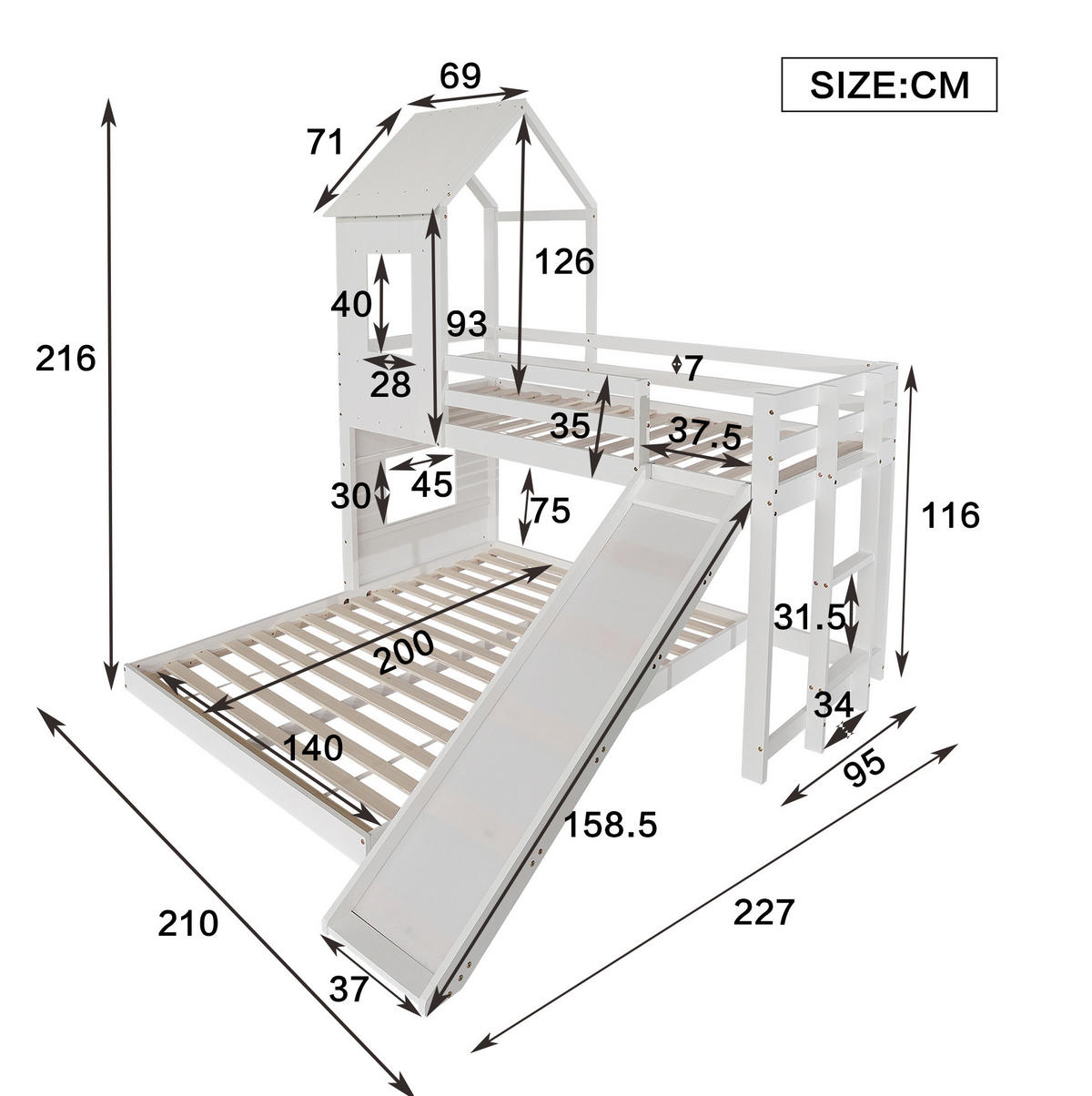ETAGENBETT 90/200 & 140/200 cm mit Rutsche, Hausdach, Fenster, Fallschutz und Leiter aus Kiefer/MDF, Weiß - Weiß, Holzwerkstoff (90/200cm) - Redom