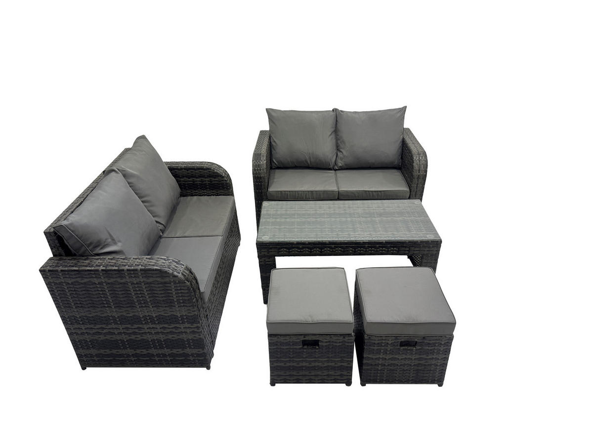 GARTENMÖBEL SET mit Sofa Polyrattan 6-Sitzer Dunkelgrau - Dunkelgrau/Grau, Glas/Kunststoff - Fimous