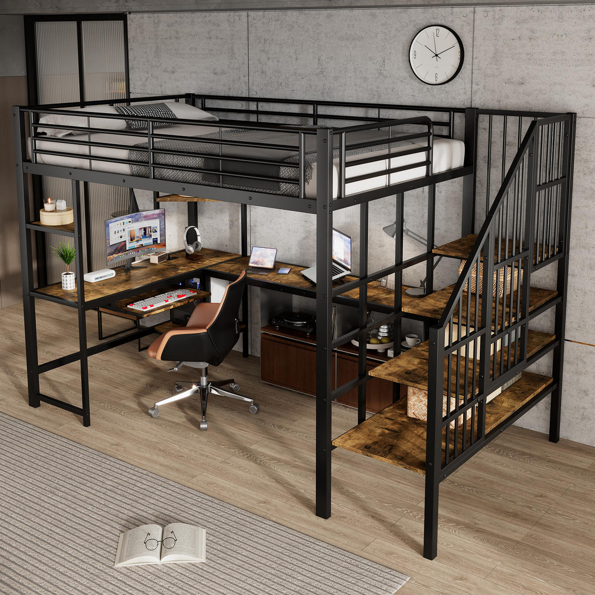HOCHBETT 120/200 cm in Schwarz & Dunkelwalnuss mit Ladeanschluss, Ecktreppe und Schreibtisch Metall & MDF Design - Schwarz, Metall (120/200cm) - STILVORA
