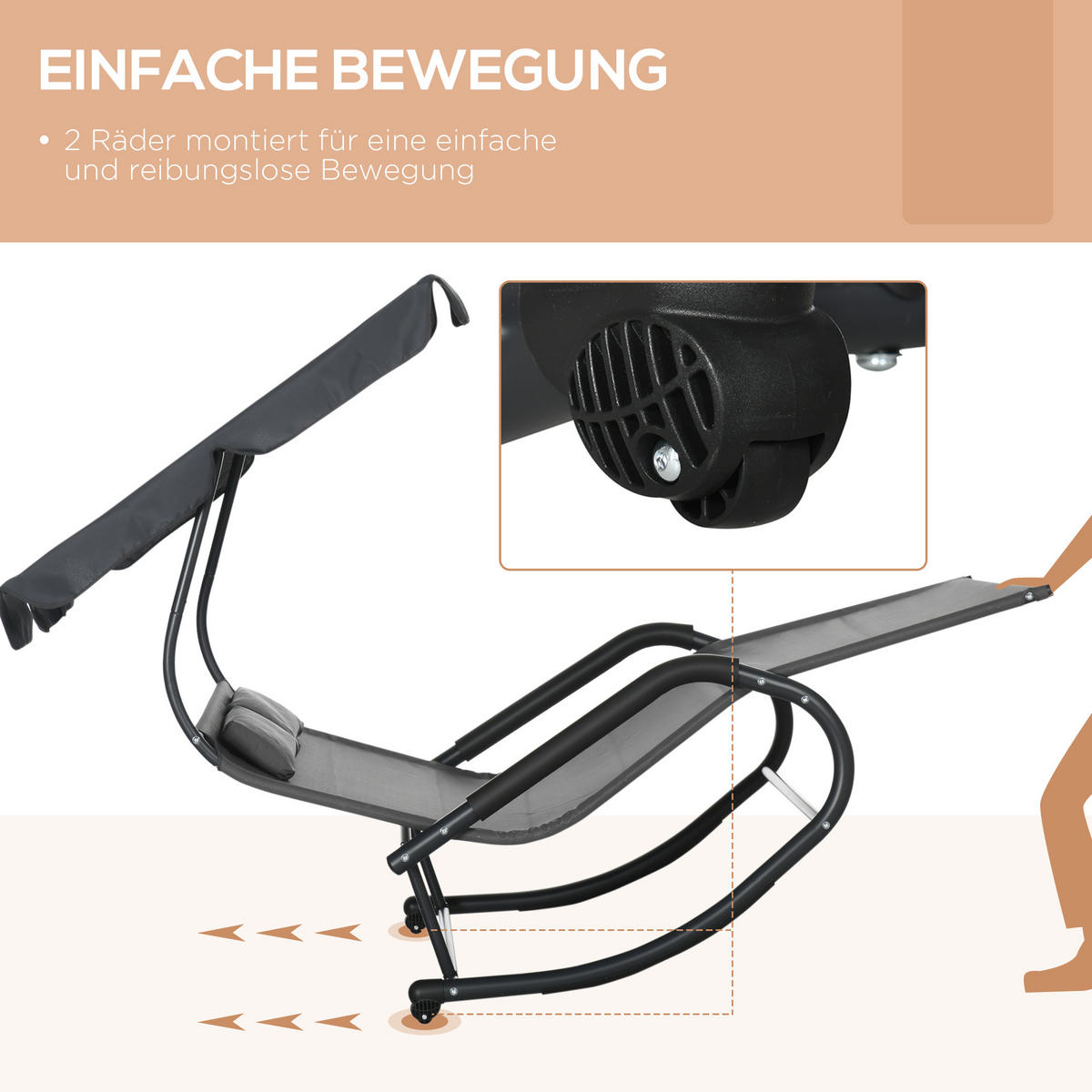 DOPPEL-SONNENLIEGE Gartenliege, mit Sonnendach, Rollen, Kopfkissen, Stahl, Dunkelgrau - Dunkelgrau, Kunststoff/Metall (139/140/200cm) - Outsunny