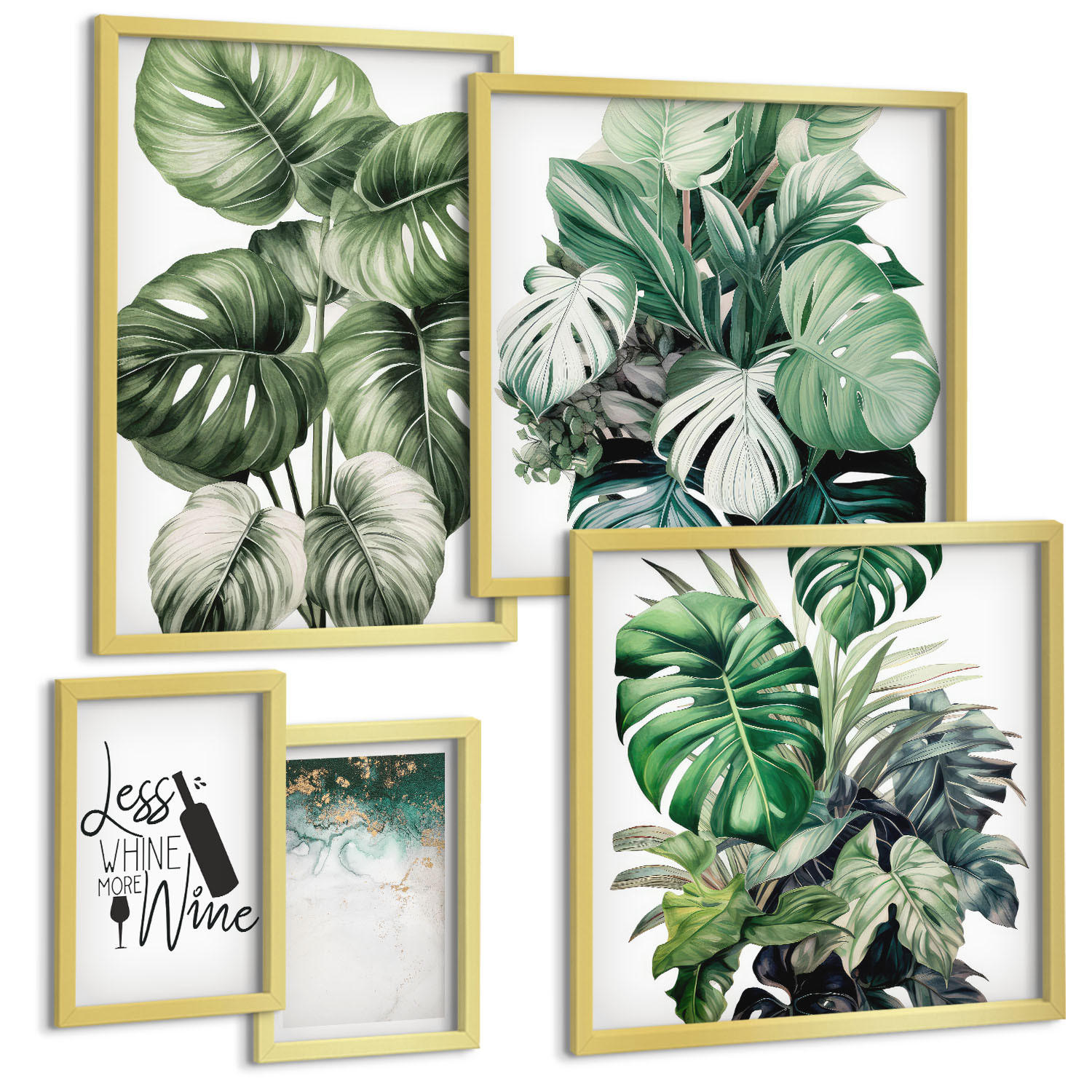 BILDER SET 5er Set - 50x50 cm & 20x30 cm & 40x60 cm Goldrahmen - Grüne Weinblätter - Goldfarben, Kunststoff (40/60cm) - TULUP