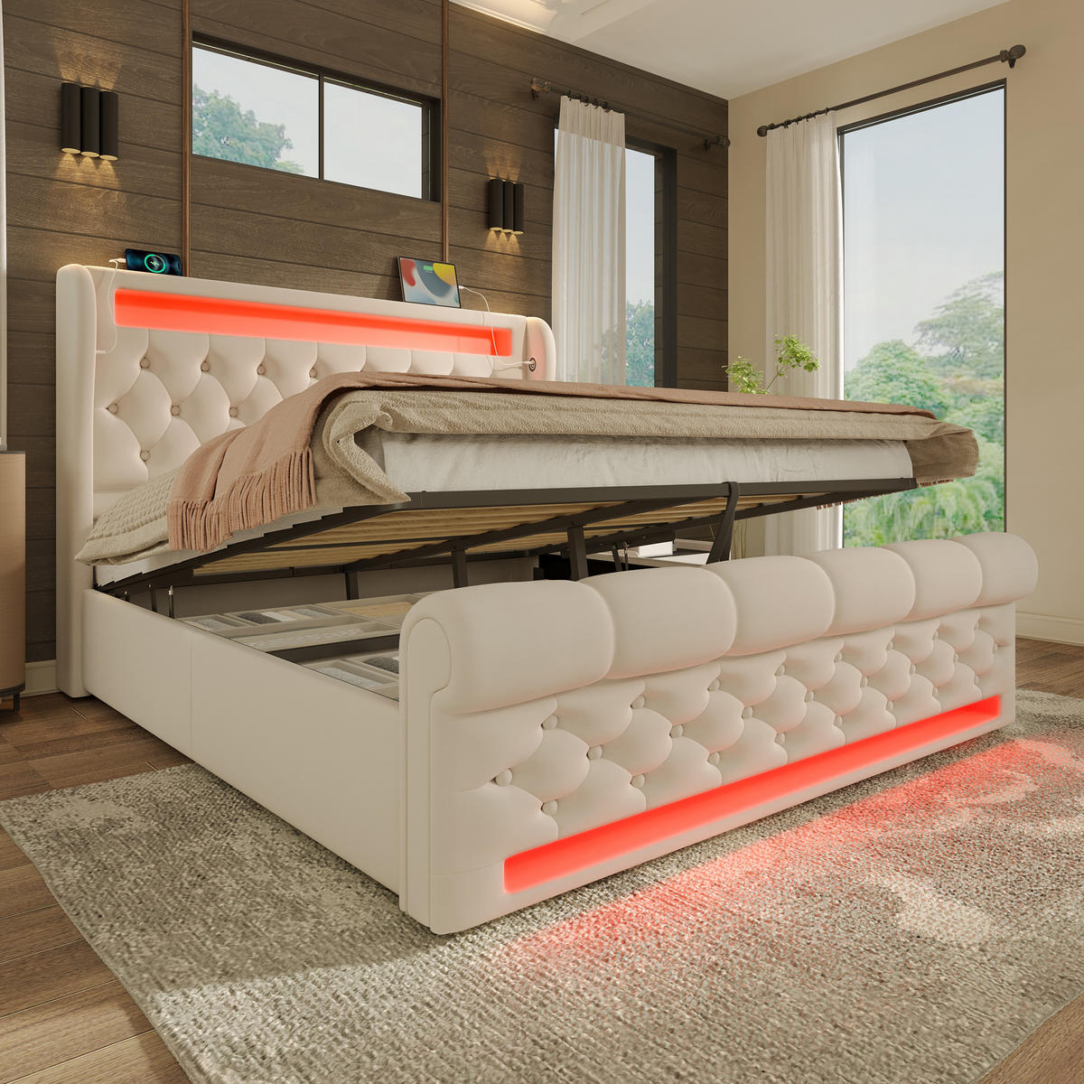 POLSTERBETT 160/200 cm Beige mit LED-Beleuchtung und USB-Anschlüssen mit Matratze - Beige, Textil (160/200cm) - OKWISH