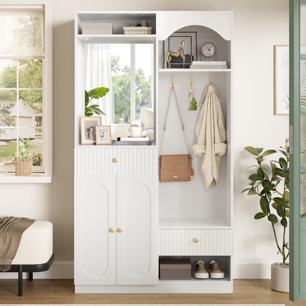 KÜCHENSCHRANK mit Spiegel und Sitzbank, MIT APP-GESTEUERTER LED-BELEUCHTUNG, MDF Weiß, modernes Flurmöbel Set, 100/180/35 cm - Weiß, Kunststoff (35/180/100cm) - Rolipo