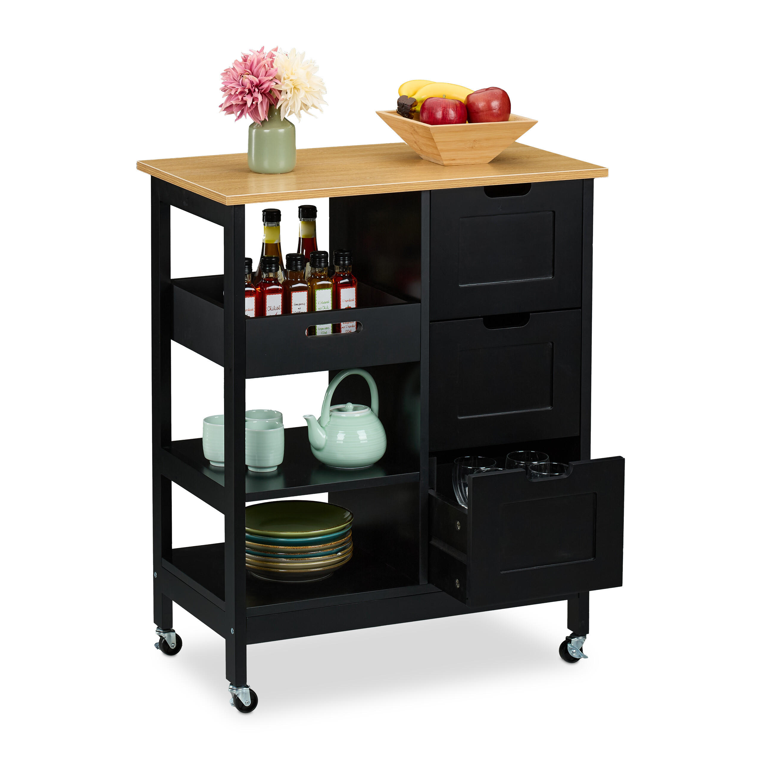 Relaxdays VOZÍK černý kuchyňský s pracovní deskou 3 zásuvky 85 cm