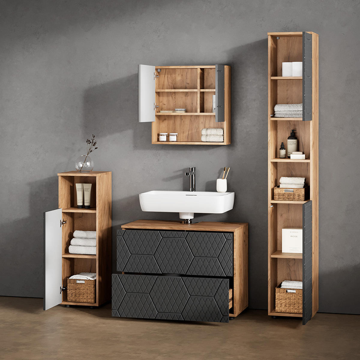 BADMÖBEL-SET Ronco Anthrazit gestreift 4 Teile, mit Schubladenschrank und Hochschrank - Anthrazit/Eiche Wotan, Holzwerkstoff (80/58/41cm) - Livinity®