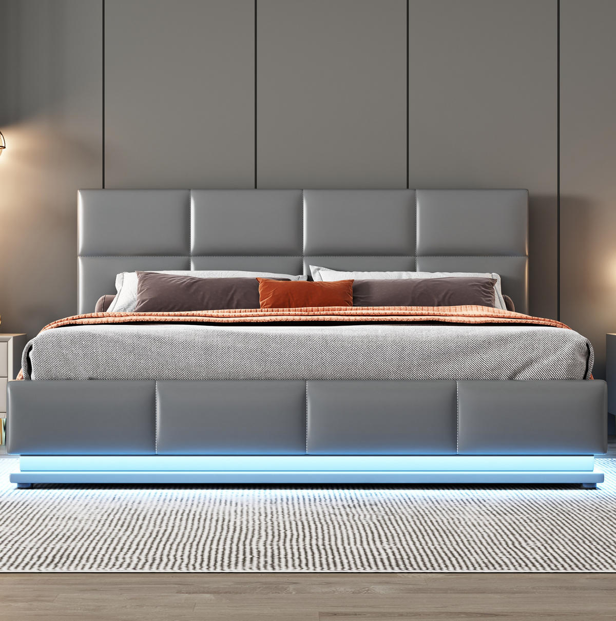POLSTERBETT 160/200 cm grau mit LED-Beleuchtung und Bettkasten - Grau, Textil (160/200cm) - OKWISH