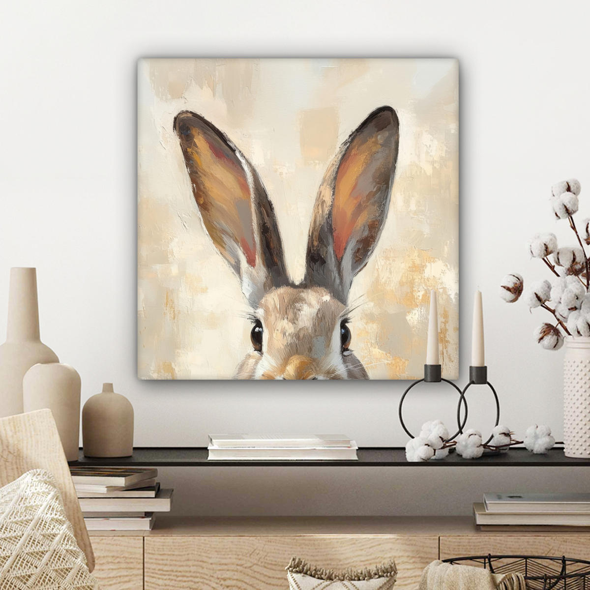LEINWANDBILD Hase - Ohren - Braun Wandbild Wohnzimmer 50x50 cm - Beige, Textil (50/50cm) - MuchoWow