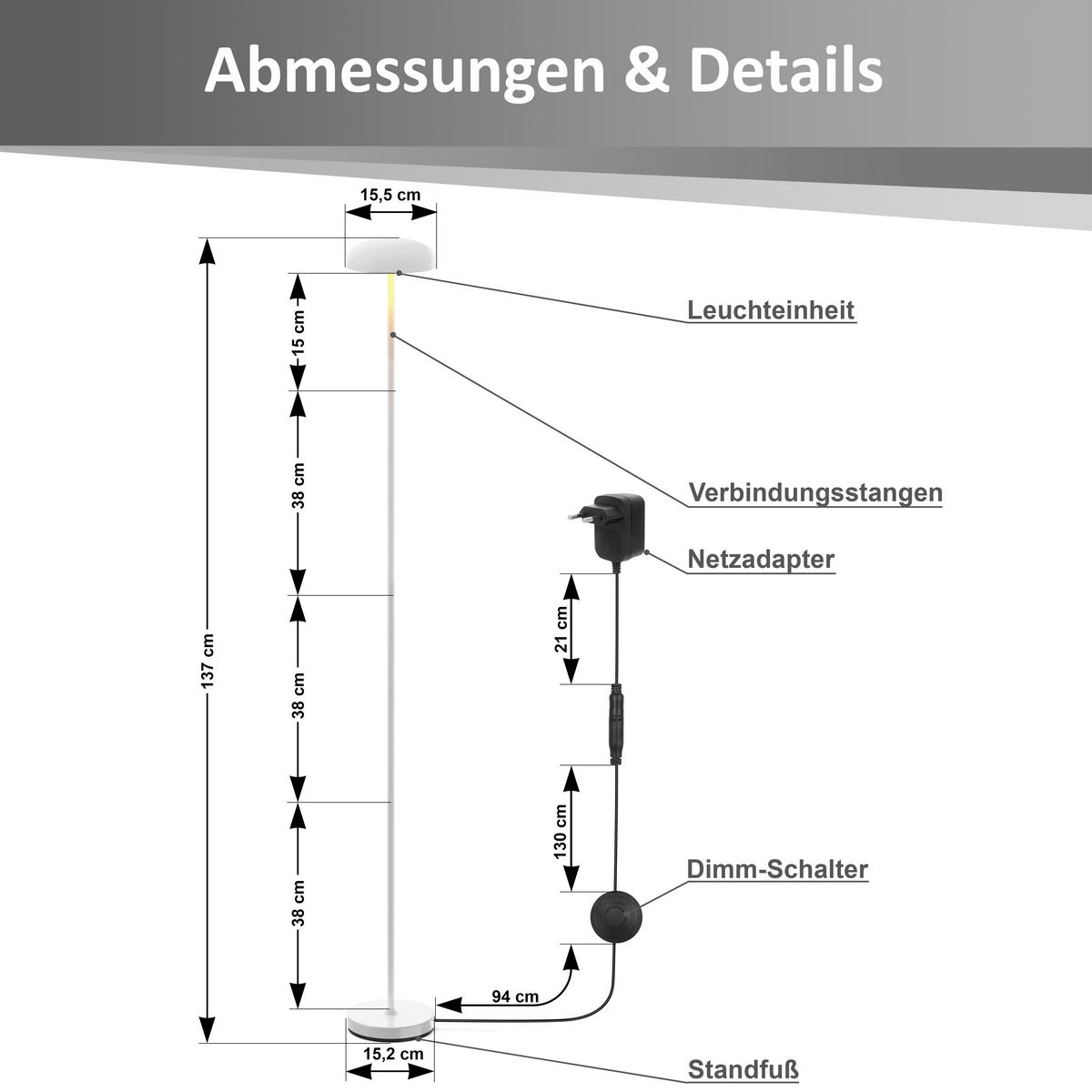 LED-DESIGN-STEHLEUCHTE stufenlos dimmbar Trittschalter 3000K 140cm hoch Metall Weiß - Weiß Hochglanz, Metall (15/15/137cm) - Elblight.de