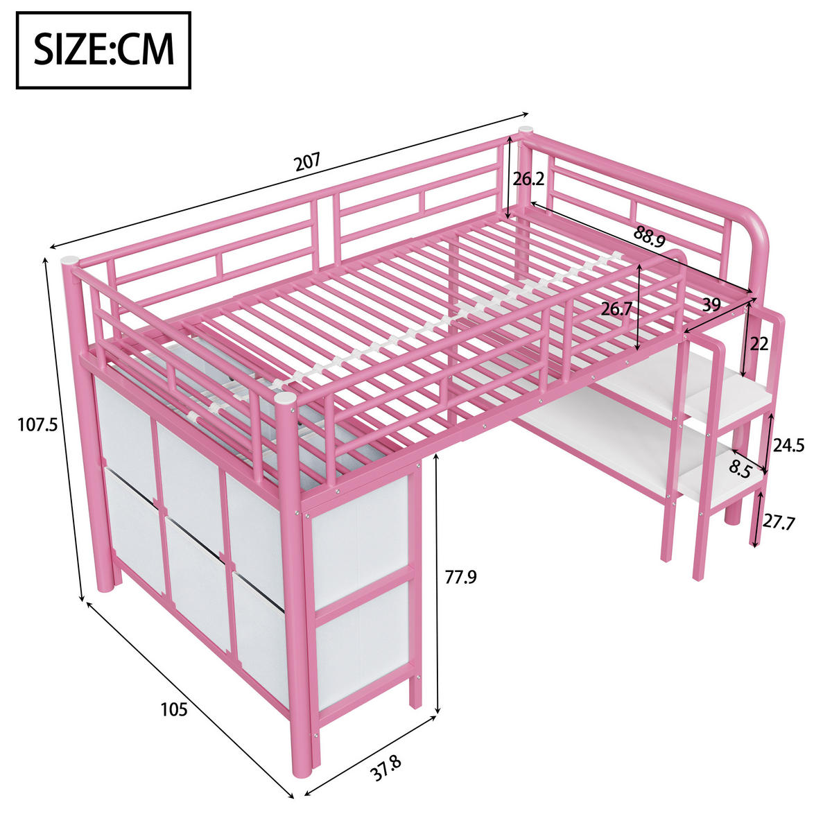 HOCHBETT 90/200 cm in Rosa mit Schubladen, Regalen und breiter Treppe - Rosa, Holzwerkstoff/Metall (90/200cm) - CHICFURN