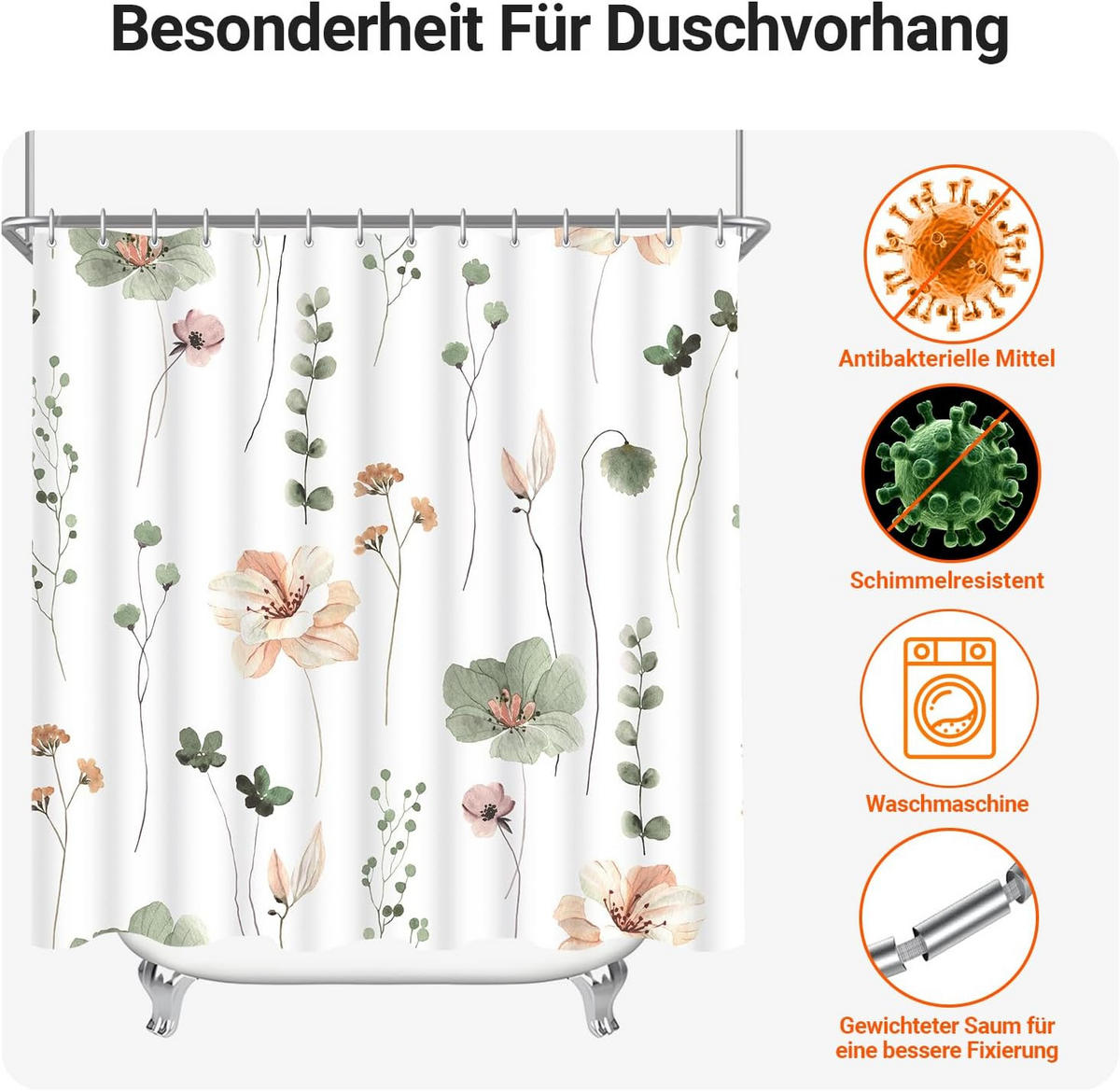 DUSCHVORHANG Blumen Muster beschwerter Saum Polyester schimmelresistent wasserabweisend waschbar fürs Badezimmer und Badewanne - Grün, Textil (200/180cm) - MCBOSON