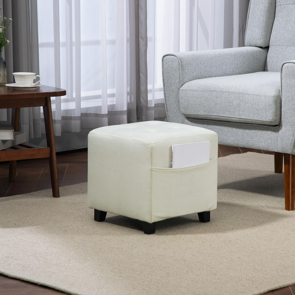 HOCKER DE-16461 mit Seitentasche und Knopfheftung Creme - Creme, Holzwerkstoff (35/35/35cm) - ComfortXL