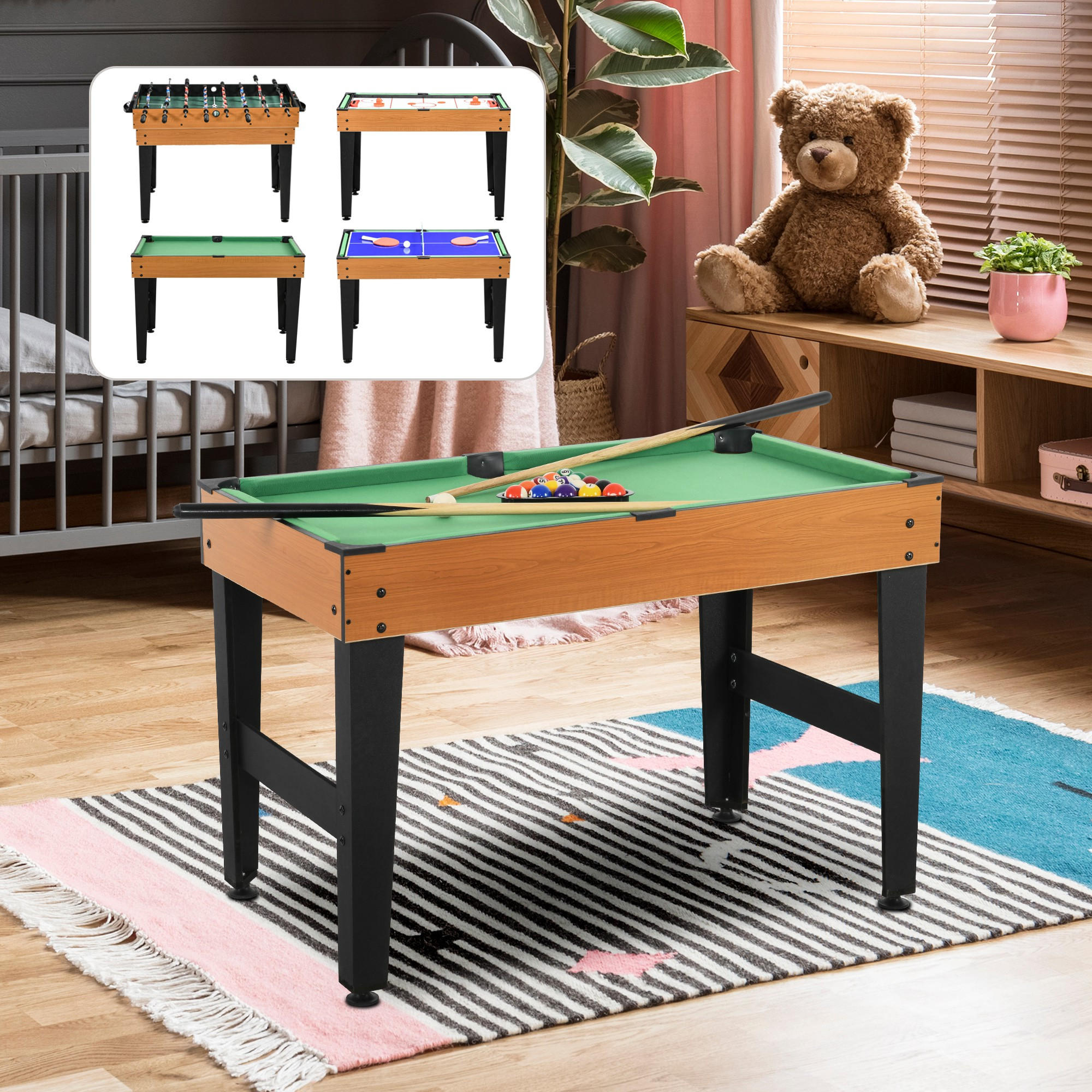 MULTIGAME Spieletisch 4 in 1 , Partyspieltisch mit Tischtennis Stahl - Naturfarben, Holzwerkstoff
