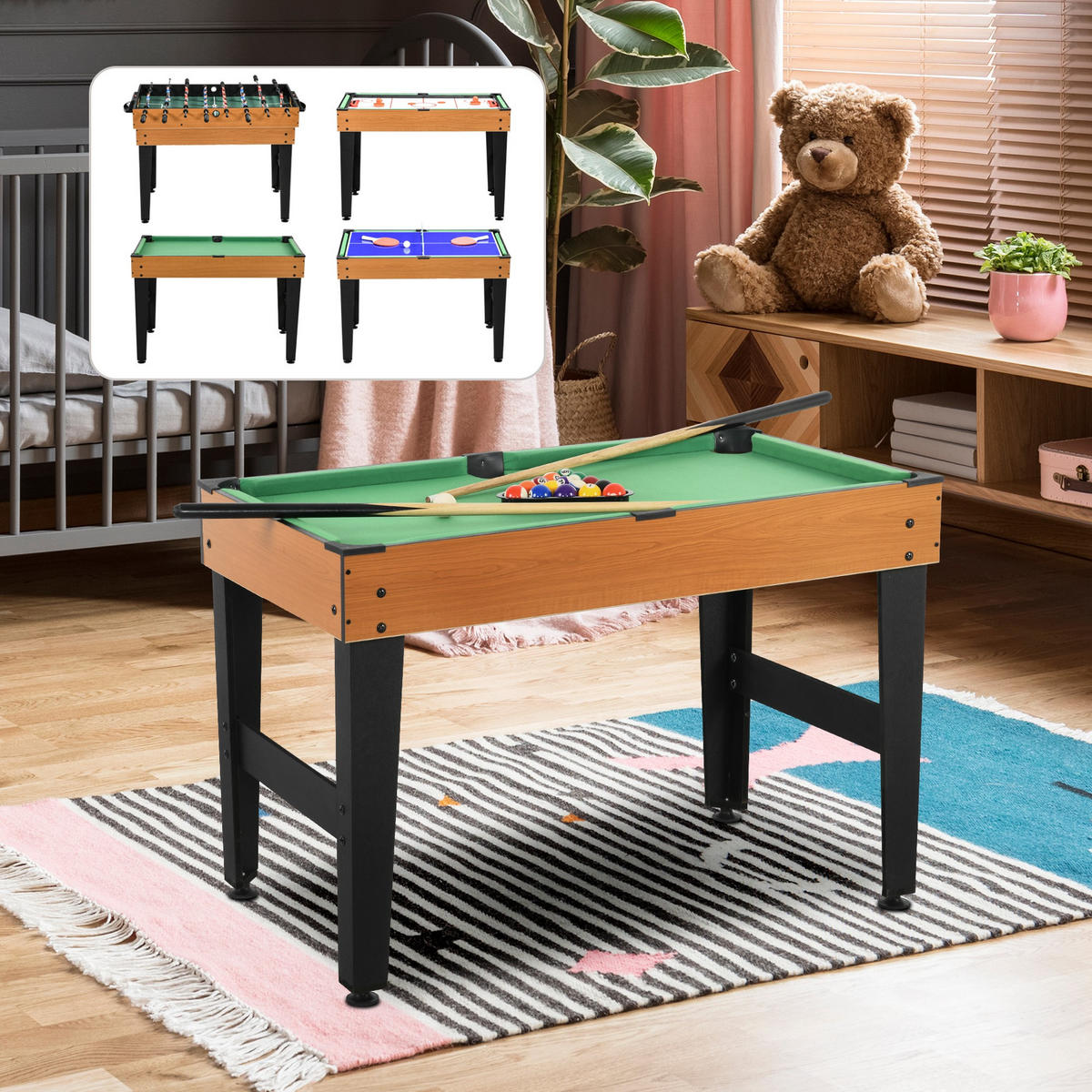MULTIGAME Spieletisch 4 in 1 , Partyspieltisch mit Tischtennis Stahl - Naturfarben, Holzwerkstoff