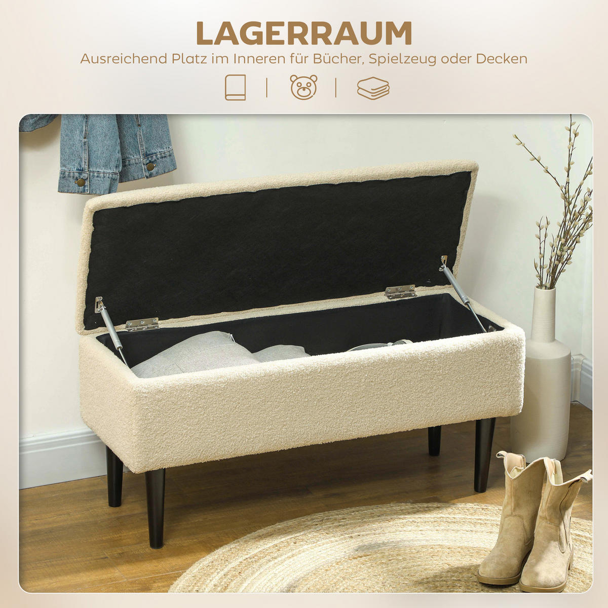 SITZBANK mit Stauraum, Bettbank, Polsterbank mit Klappdeckel, Samt, Creme - Creme, Kunststoff (38/45/95cm) - HOMCOM