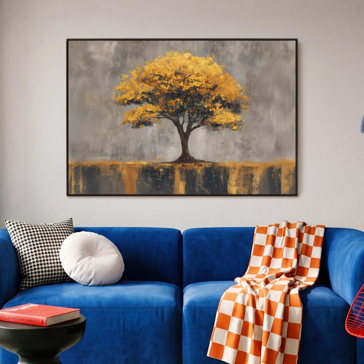 LEINWAND Bilder mit Rahmen - Baum - Blätter - Gold - Abstrakt - 90x60 - Grau, Textil (90/60cm) - MuchoWow