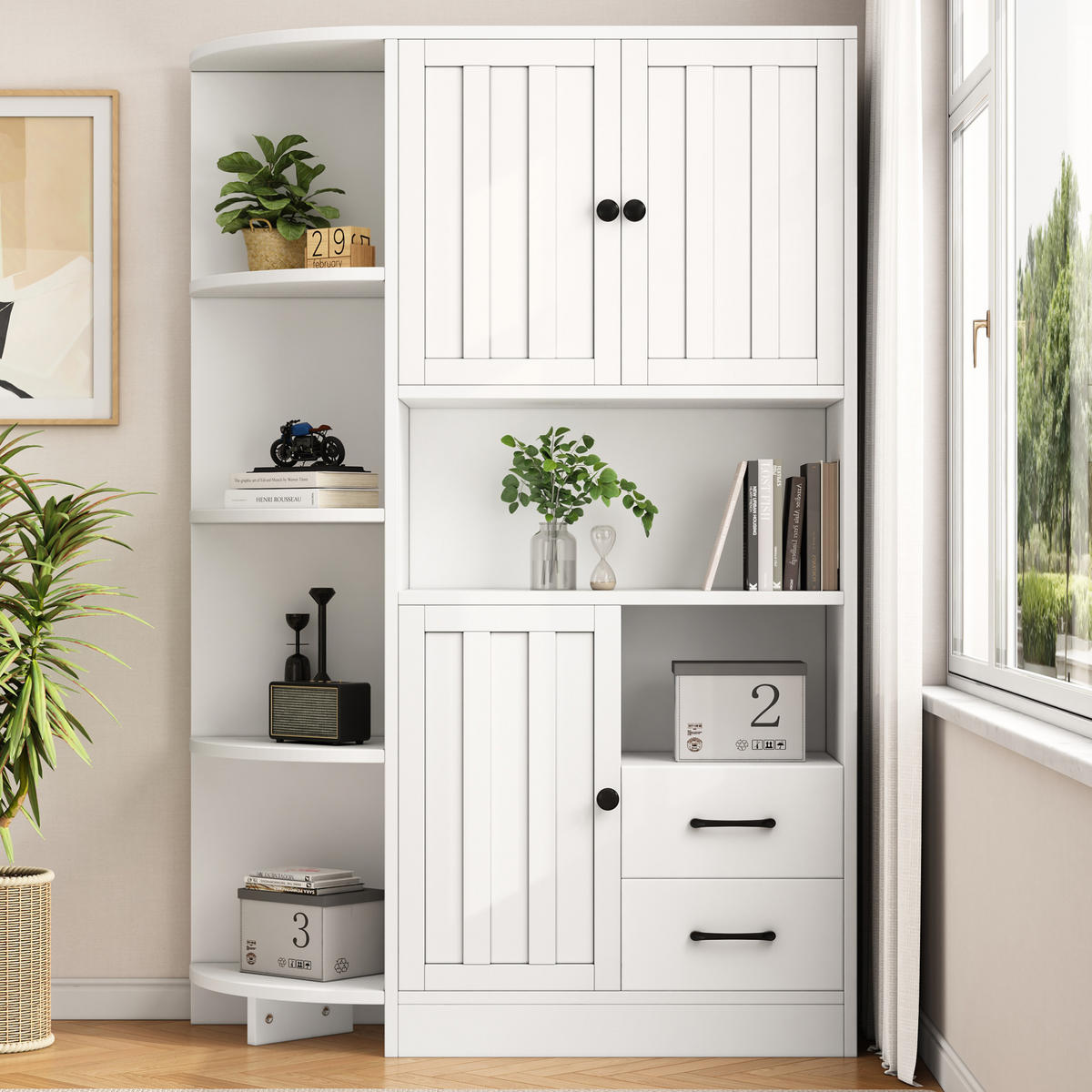 ECKSCHRANK mit 3 Türen und 2 Schubladen 104 x 35 x 155 cm Weiß - Weiß, Holzwerkstoff (35/155/104cm) - Beauniv