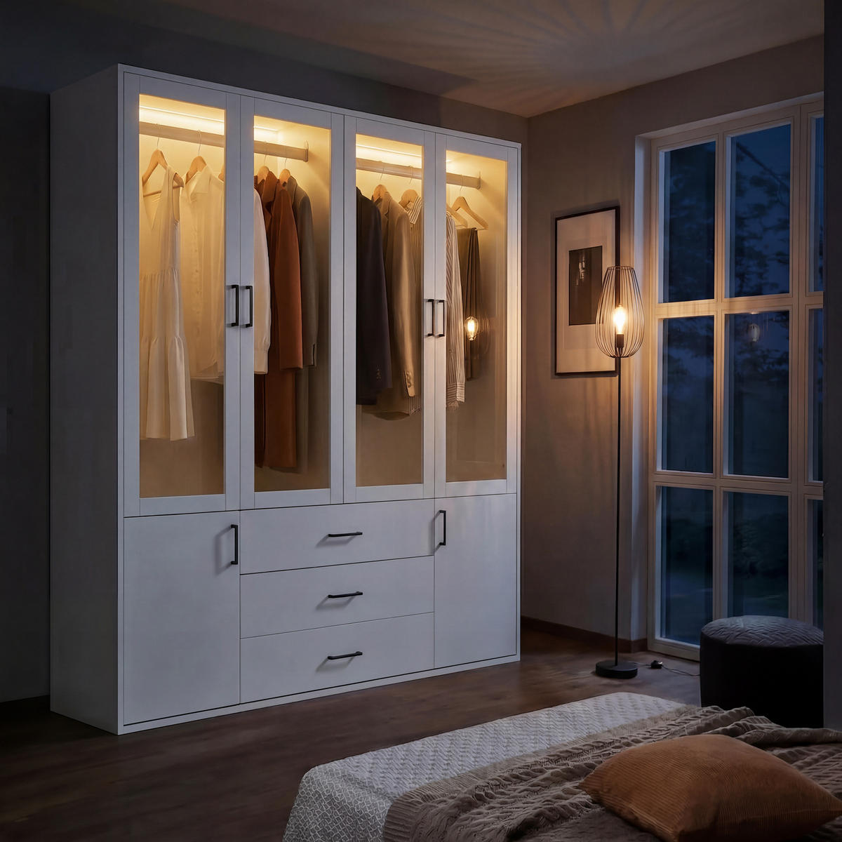 KLEIDERSCHRANK 4-türig Weiß mit Glastüren & LED-Licht - Weiß, Holzwerkstoff (51.8/182/160cm) - SHOPENTRA
