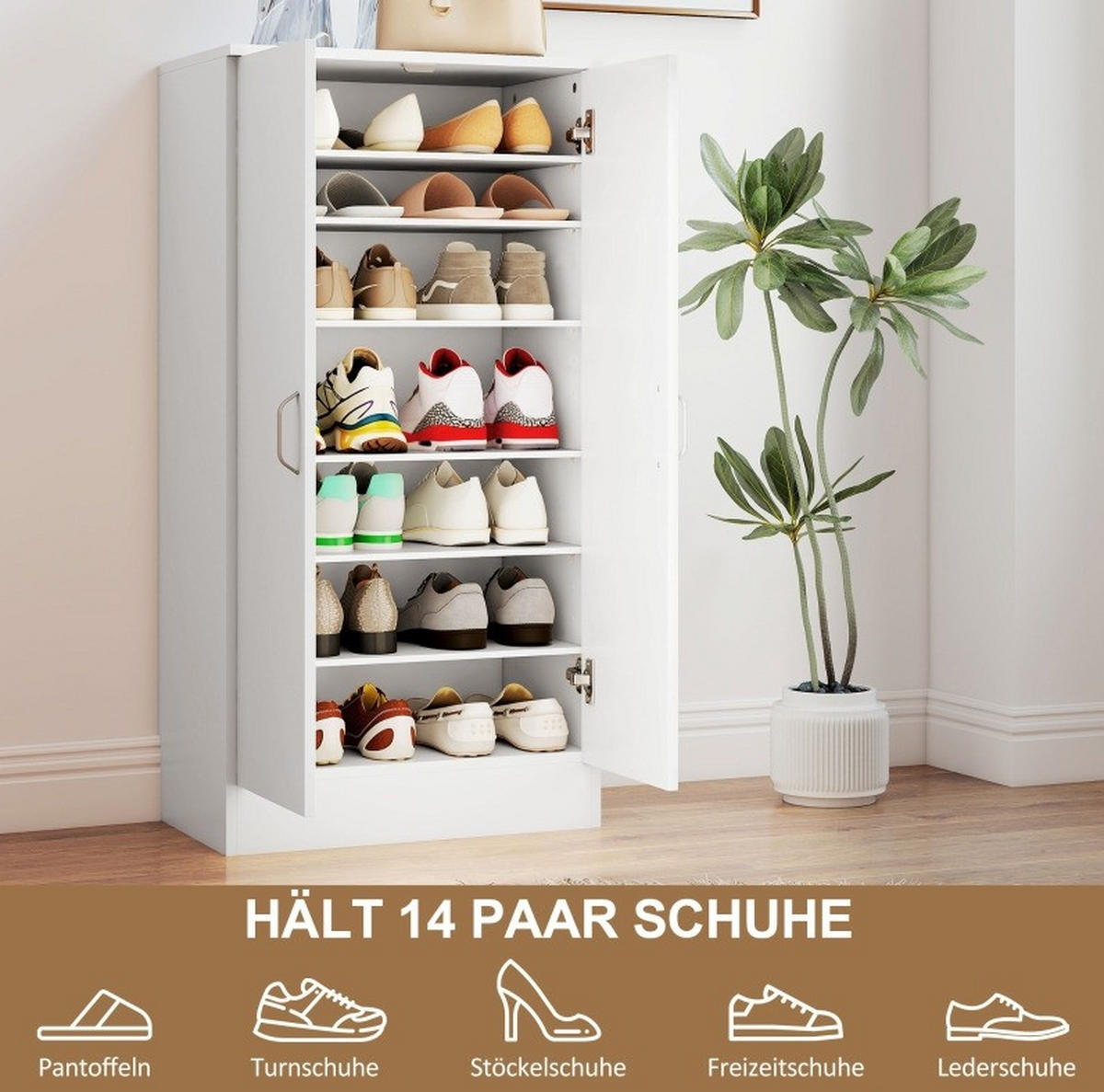 SCHUHSCHRANK 55/35/108 cm in Weiß mit verstellbaren Regalen und Soft-Close - Weiß, Holz (55/108/35cm) - Flora Grace