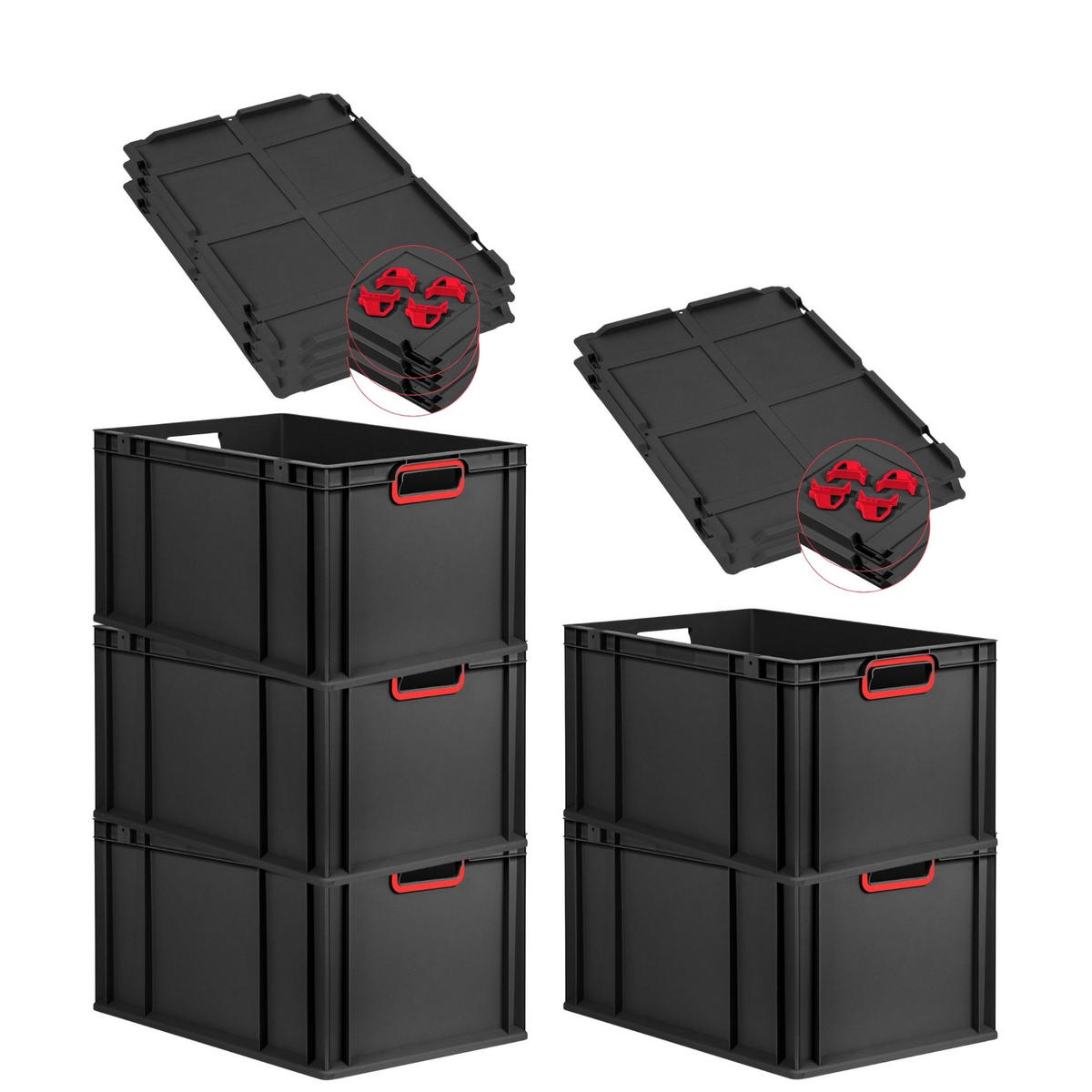 EUROBOX 5x NextGen Color mit Auflagedeckel 32x40x60 cm 65 Liter Schwarz Griffe rot offen - Rot/Schwarz, Kunststoff (40/32/60cm) - PROREGAL