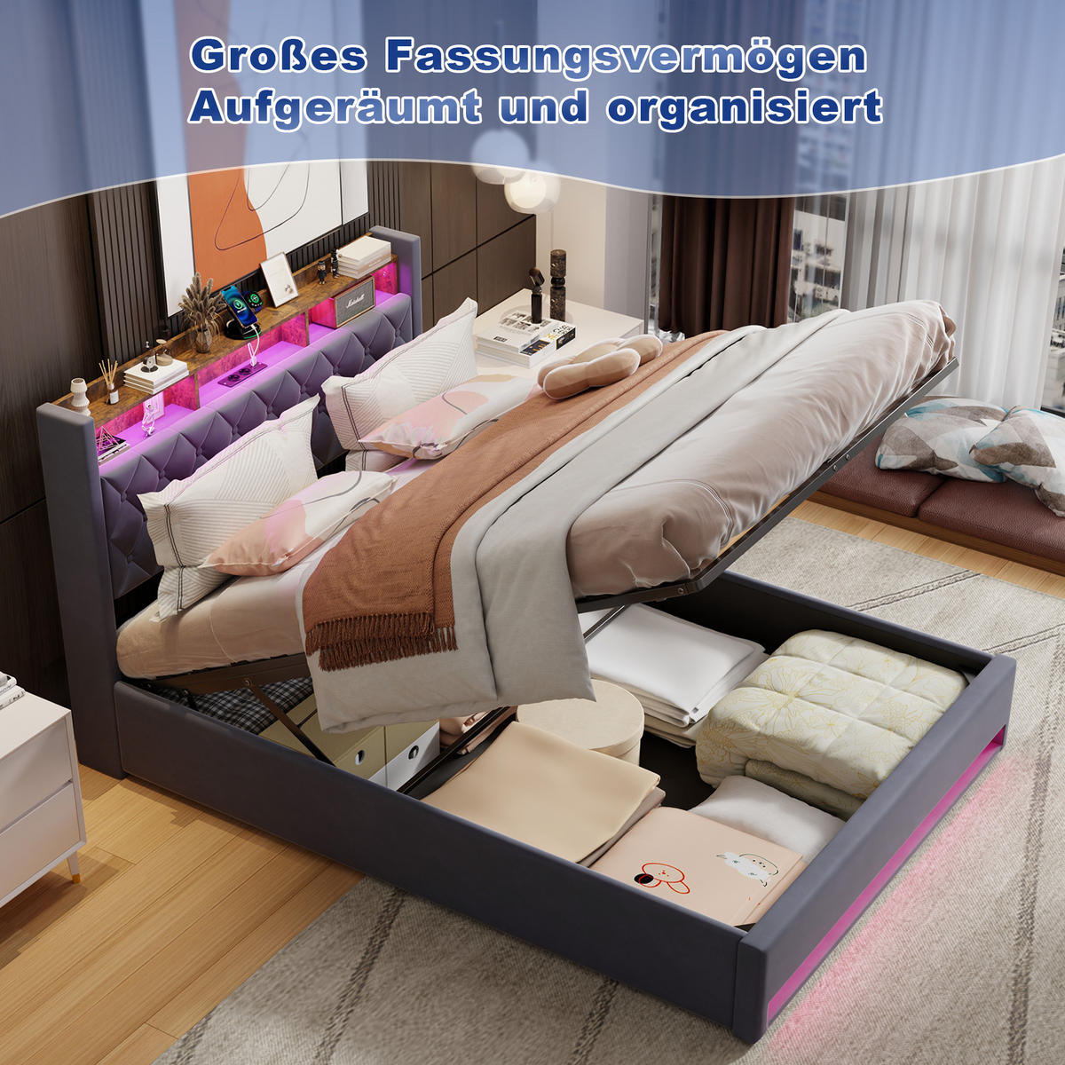 POLSTERBETT 160/200 cm aus Samt in Dunkelgrau, RGB-LED, USB, Ablage, Gasdruckstauraumunterbau - Grau, Textil (160/200cm) - OKMYHOME