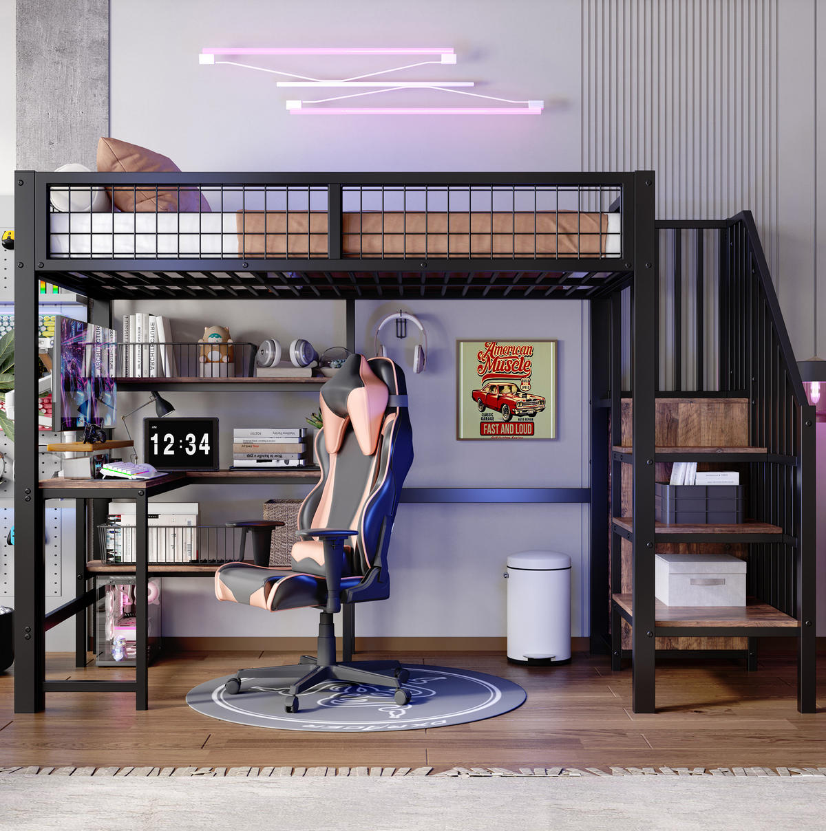 HOCHBETT aus Metall und MDF 90x200 cm Schwarz/Braun mit Schreibtisch, Regalen und Kleiderschrank - Schwarz, Holzwerkstoff (90/200cm) - IVMEU