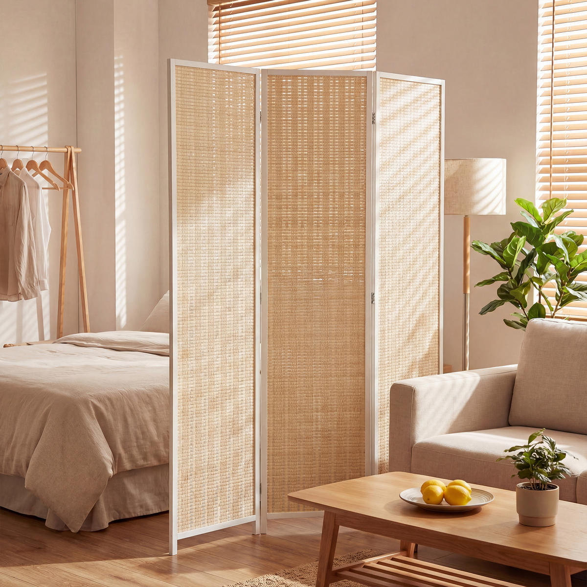 PARAVENT 3-tlg DE-14372 faltbar mit Bambusgeflecht Weiß - Weiß, Naturmaterialen (135/180/1.7cm) - ComfortXL