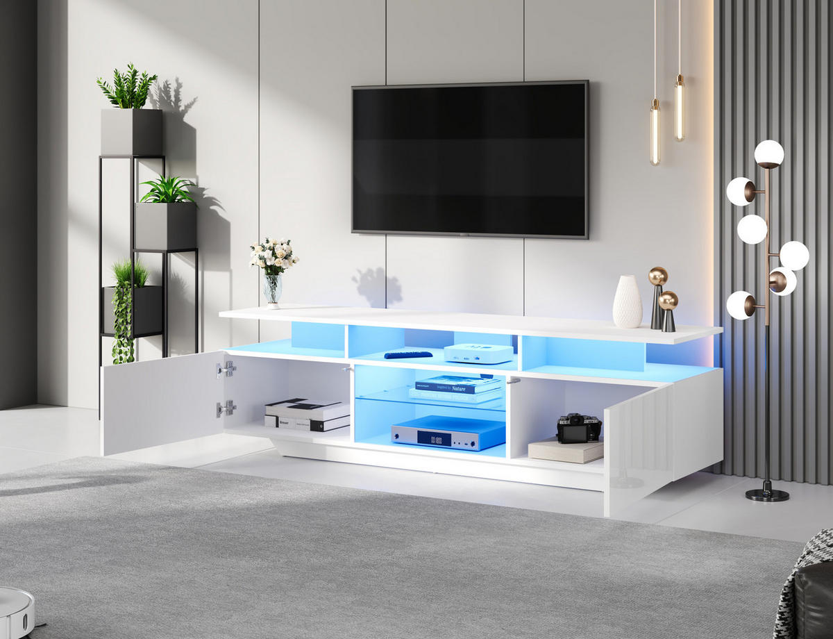 LOWBOARD 160/40/45 cm aus MDF mit LED-Beleuchtung und Hochglanzfront Weiß - Weiß, Holzwerkstoff (160/45/40cm) - Modenvie