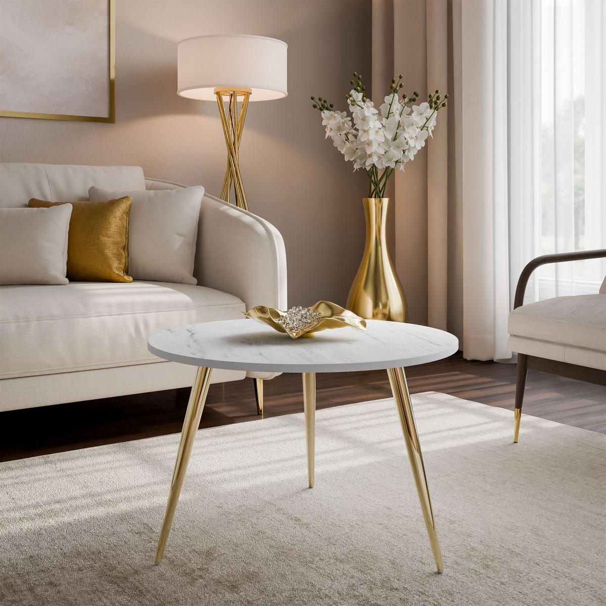 COUCHTISCH SOLEIL II aus Weiß Marmor auf goldenen Beinen - Weiß, Holzwerkstoff (60/60/47cm) - Lookway