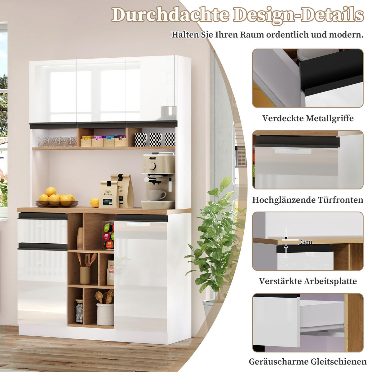 BUFFET aus MDF 105x45x185 cm Weiß mit Hochglanzfronten, verstellbaren Einlegeböden und Kippschutz - Weiß, Holzwerkstoff (105/185/45cm) - Modfu