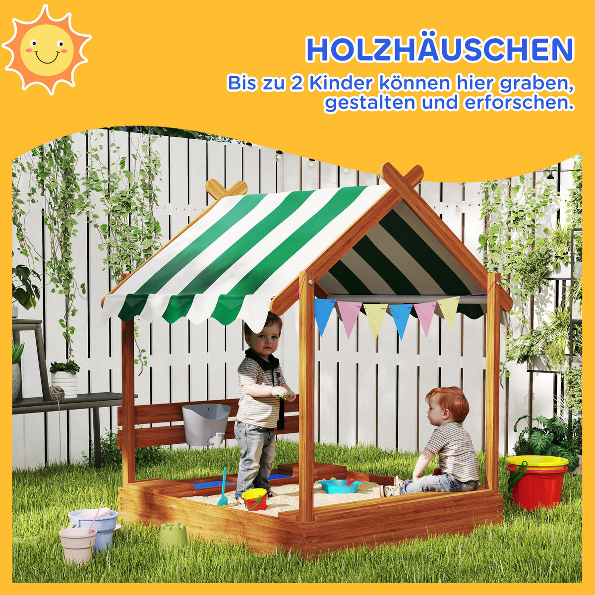 SANDKASTEN mit Dach, Sandkiste aus Holz mit Sitzplatz, Spielhaus für 3-7 Jahre - Orange, Holz (124/116/146cm) - Outsunny