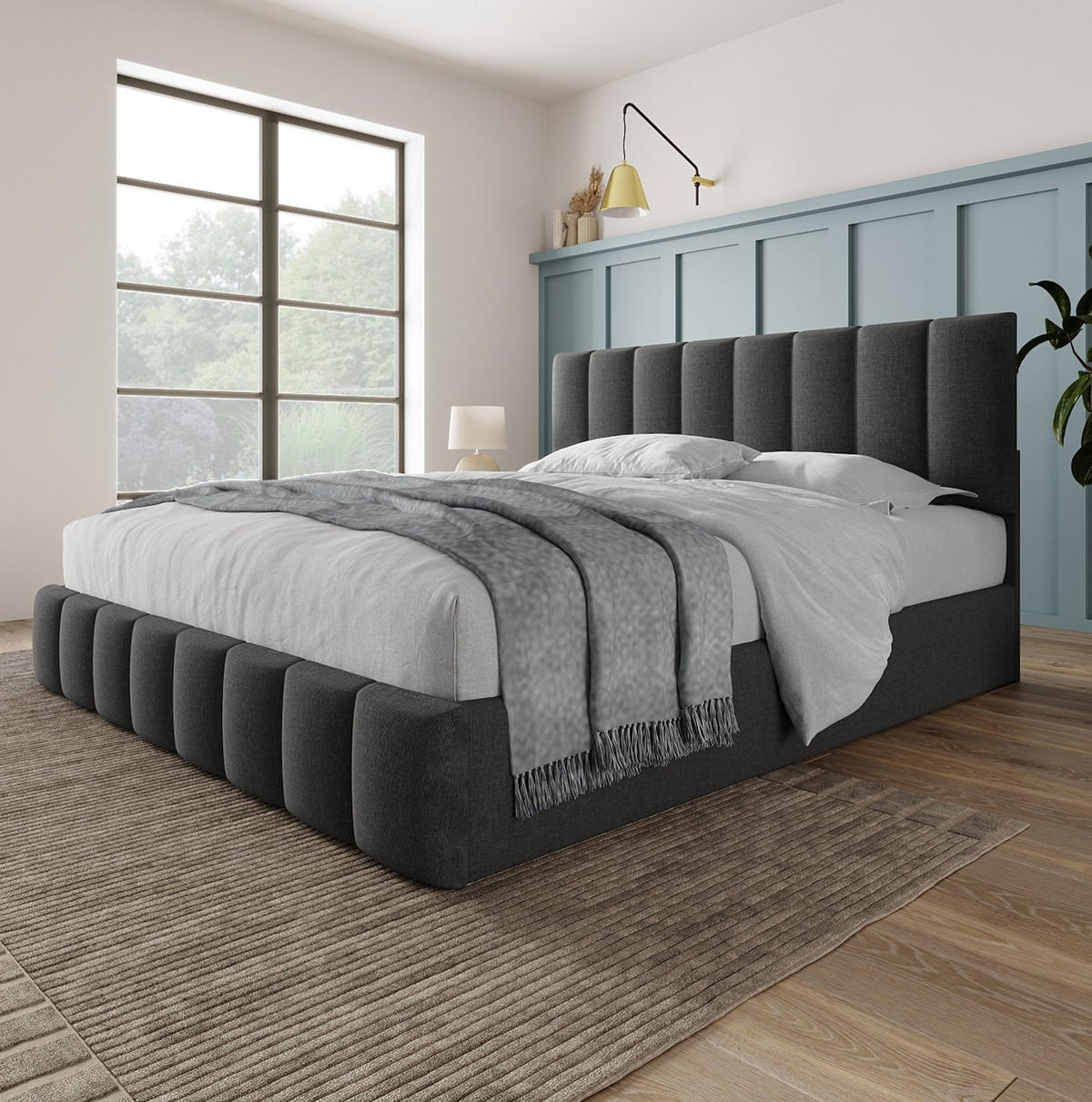 POLSTERBETT aus Leinen 140x200 cm in Grau mit Matratze & verstellbarem Kopfteil - Grau, Textil (140/200cm) - Modfu