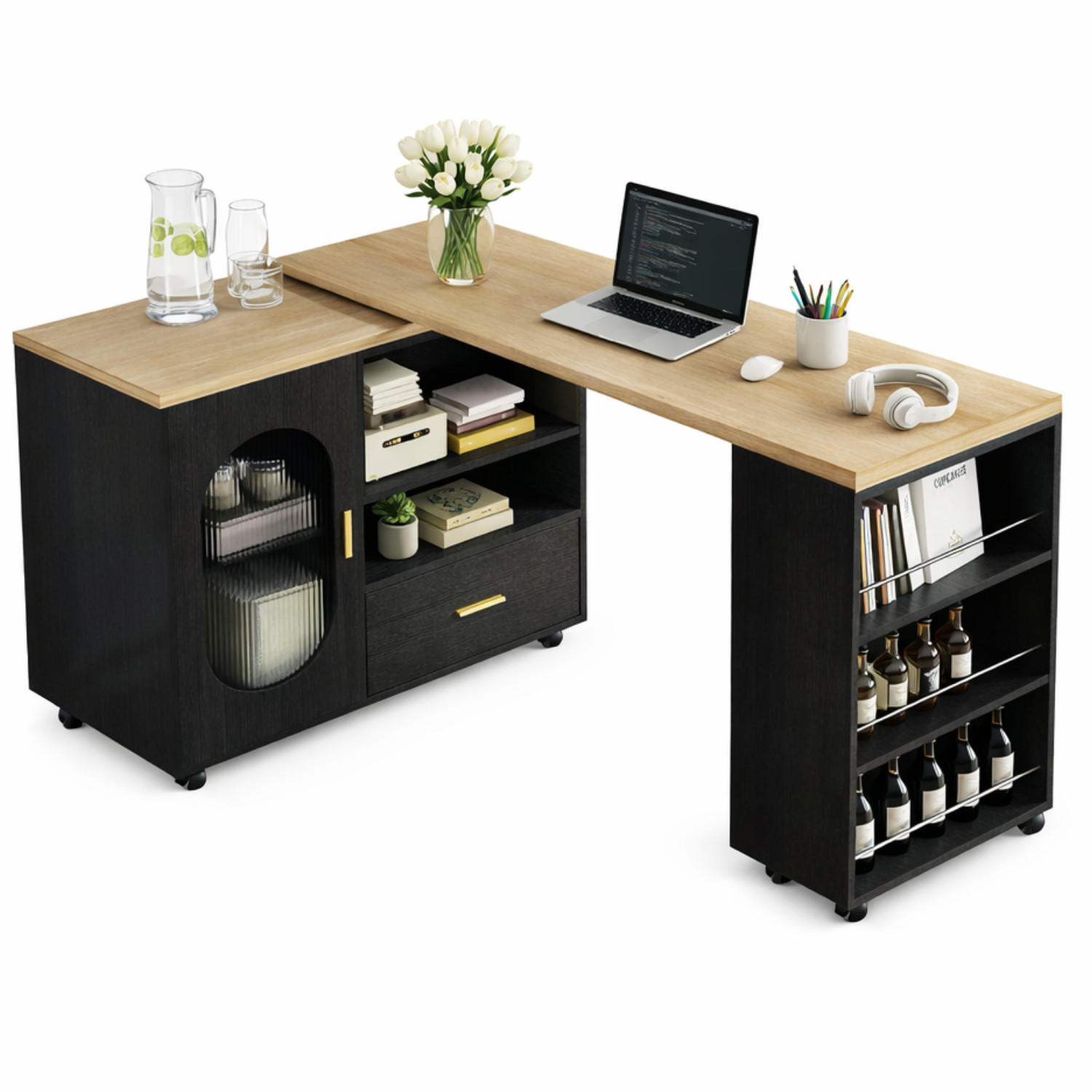 KÜCHENINSEL 360° drehbar mit Stauraum multifunktional Design - Schwarz/Naturfarben, Holzwerkstoff/Metall (184/90/60cm) - Quality Elegance
