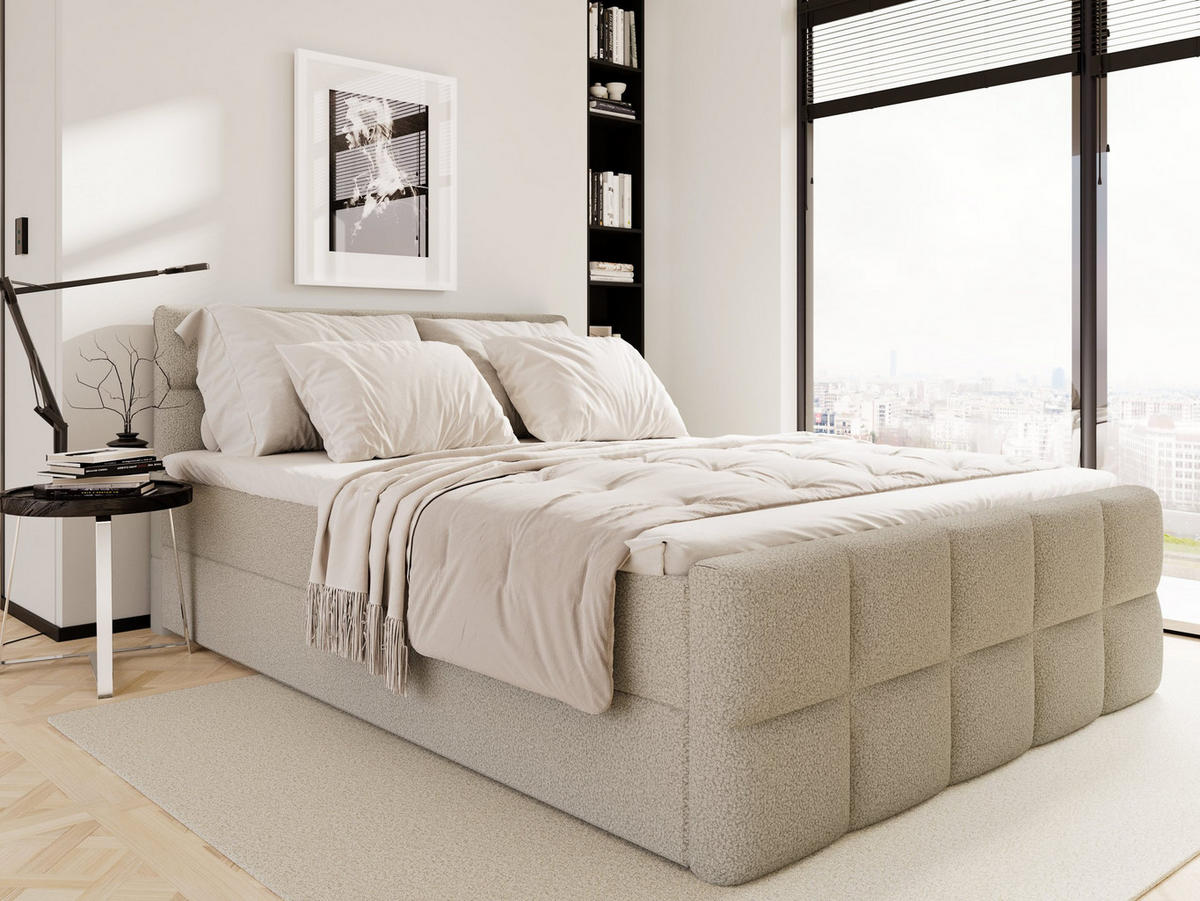 KONTINENTALBETT Vanessa 206/223 cm, in Beige, Bouclé-Stoff, Bettkasten, Matratze, Topper - Beige, Textil (200/220cm) - Barchello