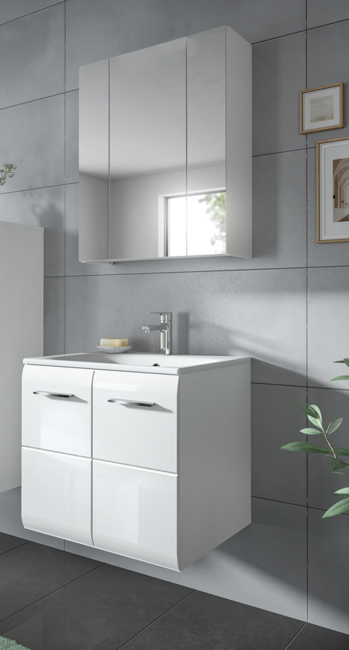 BADMÖBEL-SET 2-teilig weiß Hochglanz, Kombination inklusive Waschbecken 60 cm - Weiß Hochglanz/Silberfarben, Glas/Keramik (60/185/46cm) - Inn.Furn