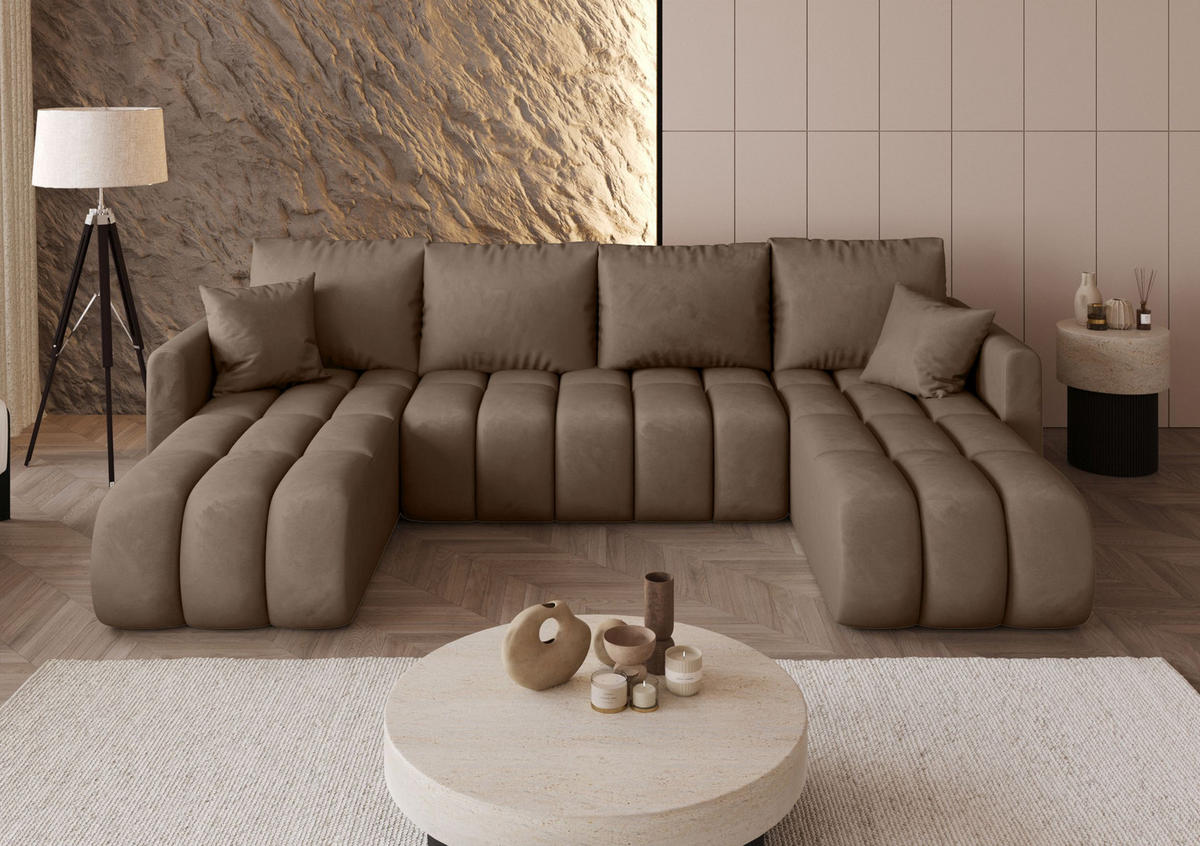 SEDACÍ souprava GARDA tvar U hnědá samet Monolith 9 - funkce spaní, úložný prostor - hnědá, textil (305/88/150cm) - Cornero
