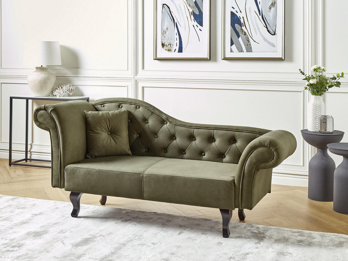 CHAISELONGUE Samtstoff olivgrün links Lattes - Dunkelbraun/Grün, Textil (192/81/59cm) - Beliani