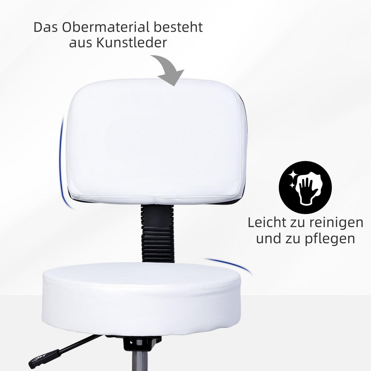ARBEITSHOCKER höhenverstellbar Rollhocker Drehhocker mit Lehne Rollen Büro Weiß - Weiß, Kunststoff (35/84/35cm) - HOMCOM