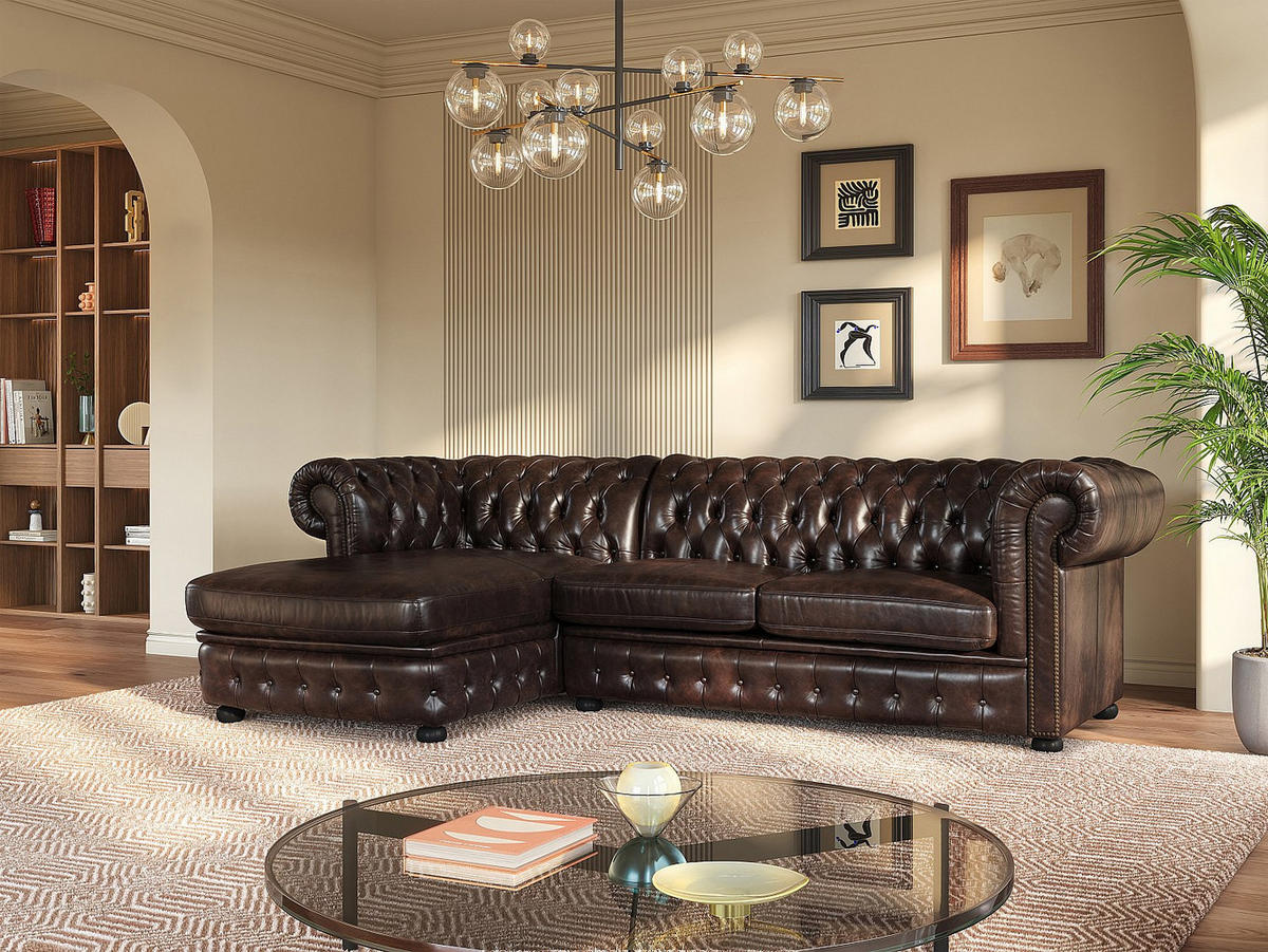 CHESTERFIELD Ecksofa - Ecke Links - Büffelleder - Dunkelbraun - BRENTON - Mokka, Leder (274/166cm) - Vente-Unique