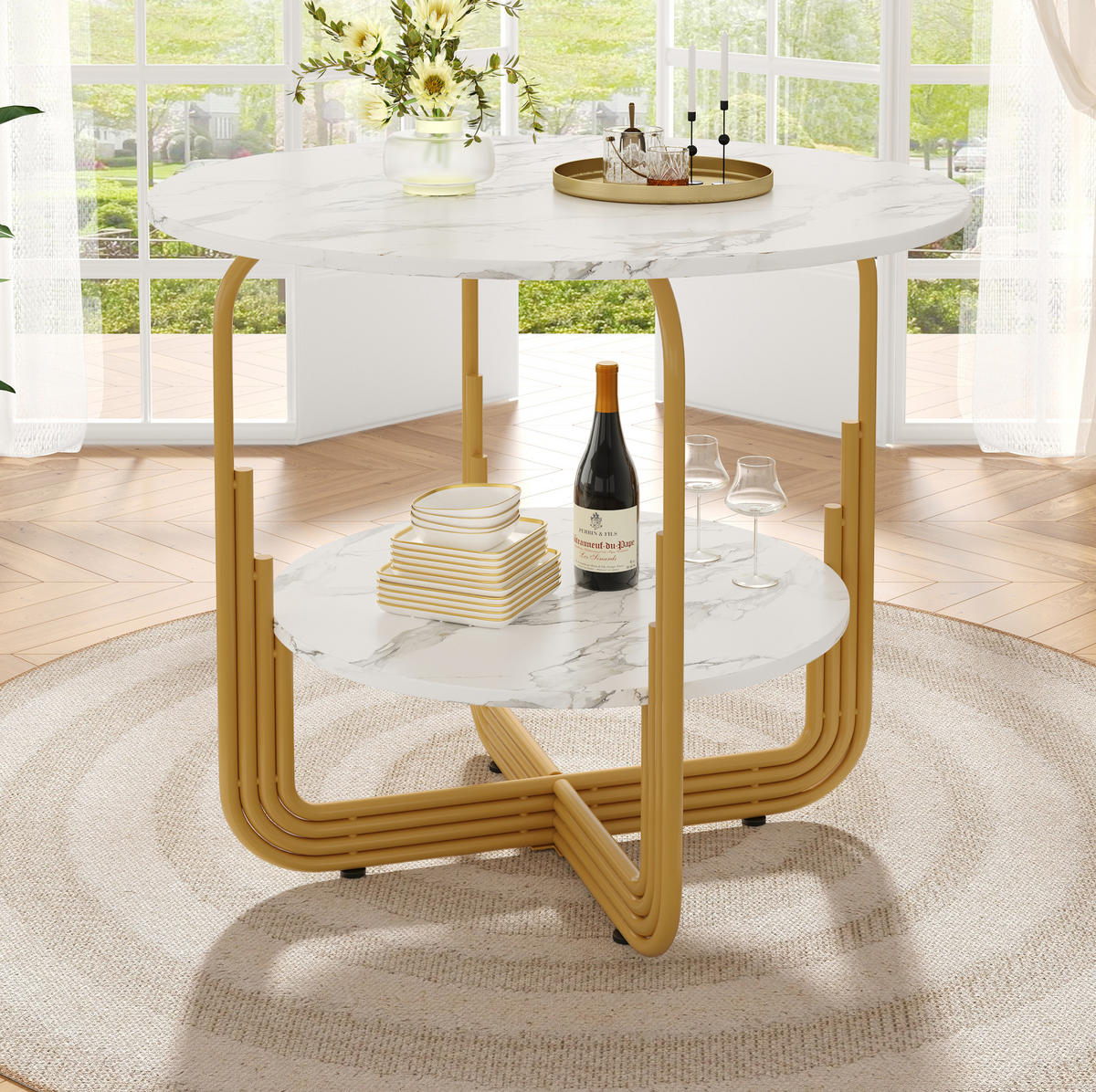 ESSTISCH rund 80/80/76 cm Gold MDF in Marmoroptik mit Ablage - Goldfarben, Holzwerkstoff (80/80/76cm) - OKWISH