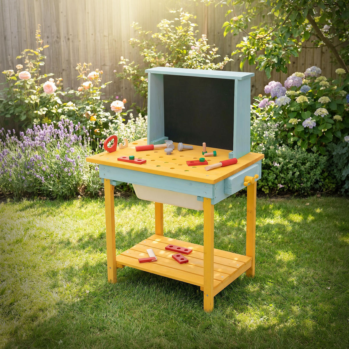 WERKBANK KINDER HOLZ ‎101x37x81 cm ‎Gelb-Türkis - Gelb, Holz/Kunststoff (101/81/37cm) - Joyz