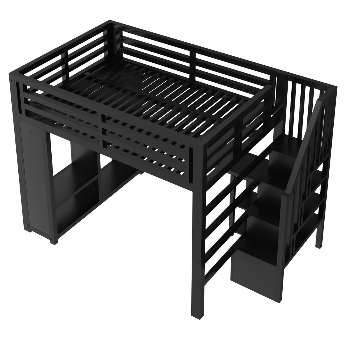 HOCHBETT 140/200 cm in Schwarz mit Schreibtisch, Treppe, Stauraum, LED und offenem Kleiderschrank aus Metall - Schwarz, Metall (140/200cm) - STILVORA