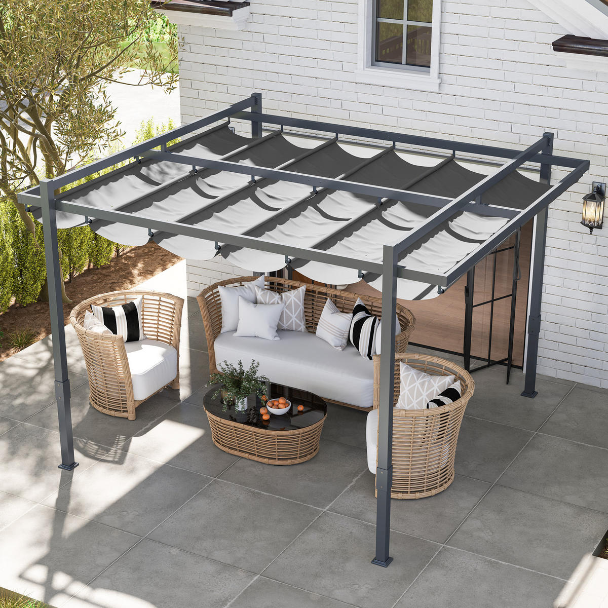PERGOLA Pavillon ca. 3,5x3m Aluminium Stabil winterfest Sonnenschutz mit verstellbares Schiebedach Grau - Grau, Metall (358/245/320cm)